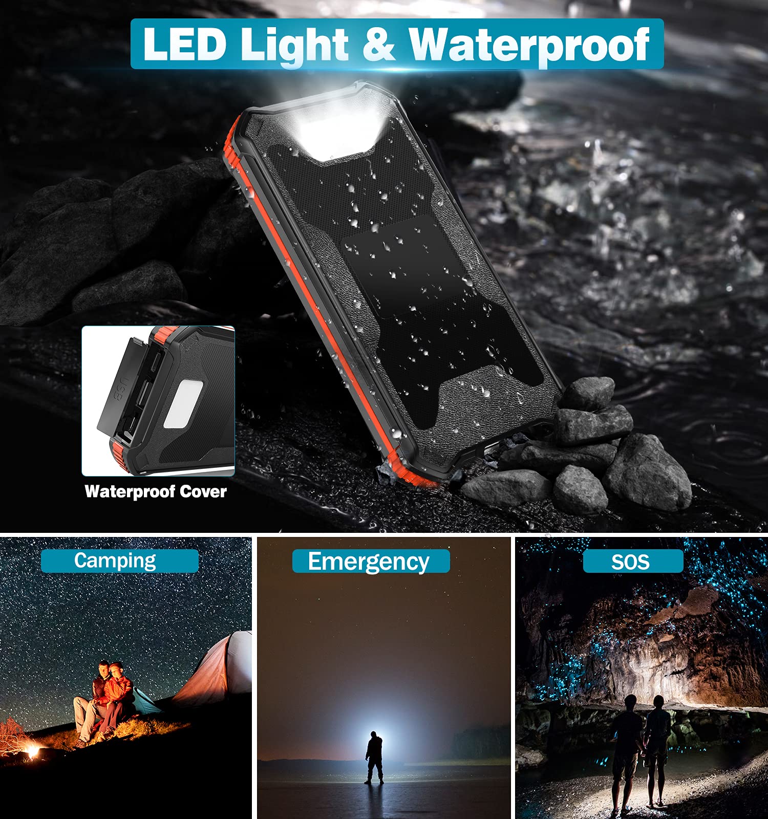 Solar Power Bank 20000mAh Built-in USB B & Type C Cables, Damipow Solar Charger External High Capacity Battery Pack with 3 Outputs, 2 Inputs, LED Flashlights Compatible All Cell Phones, IOS, Android