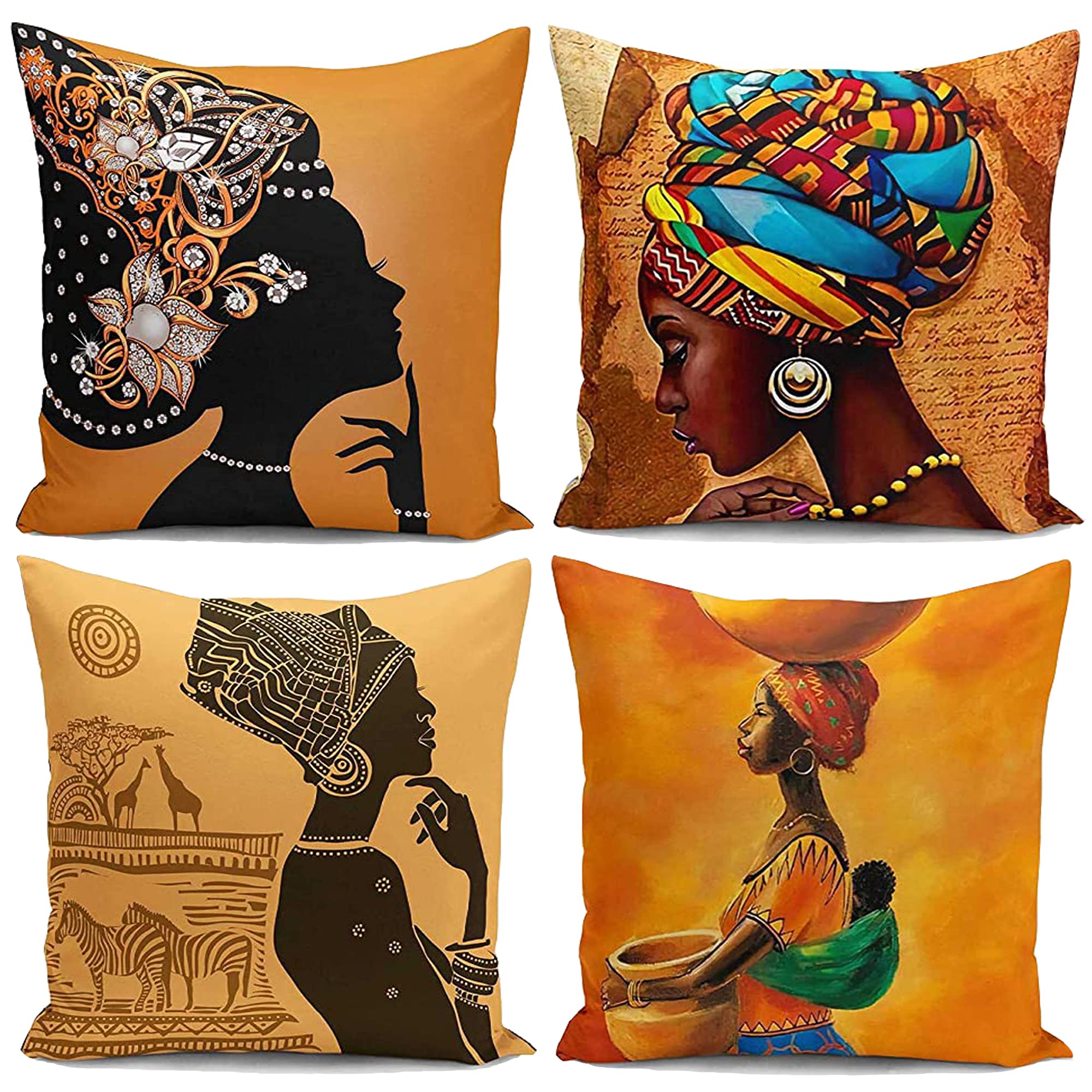 African Cushion Covers African Print Decor Ornament Throw Pillow Covers Set of 4 African Tribal Women Ethnic Art African Fabric Linen Decorations for Home Sofa Office Hotel 18x18inch (45x45cm)