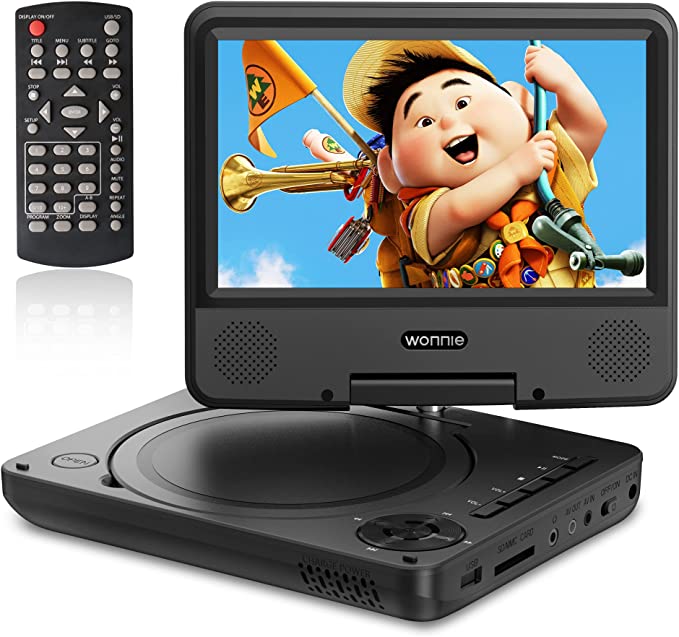 WONNIE 9.5" Portable DVD Player with 7" HD Swivel Screen for Kids and Car, Dual Stereo Speakers, Built-in Rechargeable Battery,Support SD/USB/AV-IN/AV-OUT