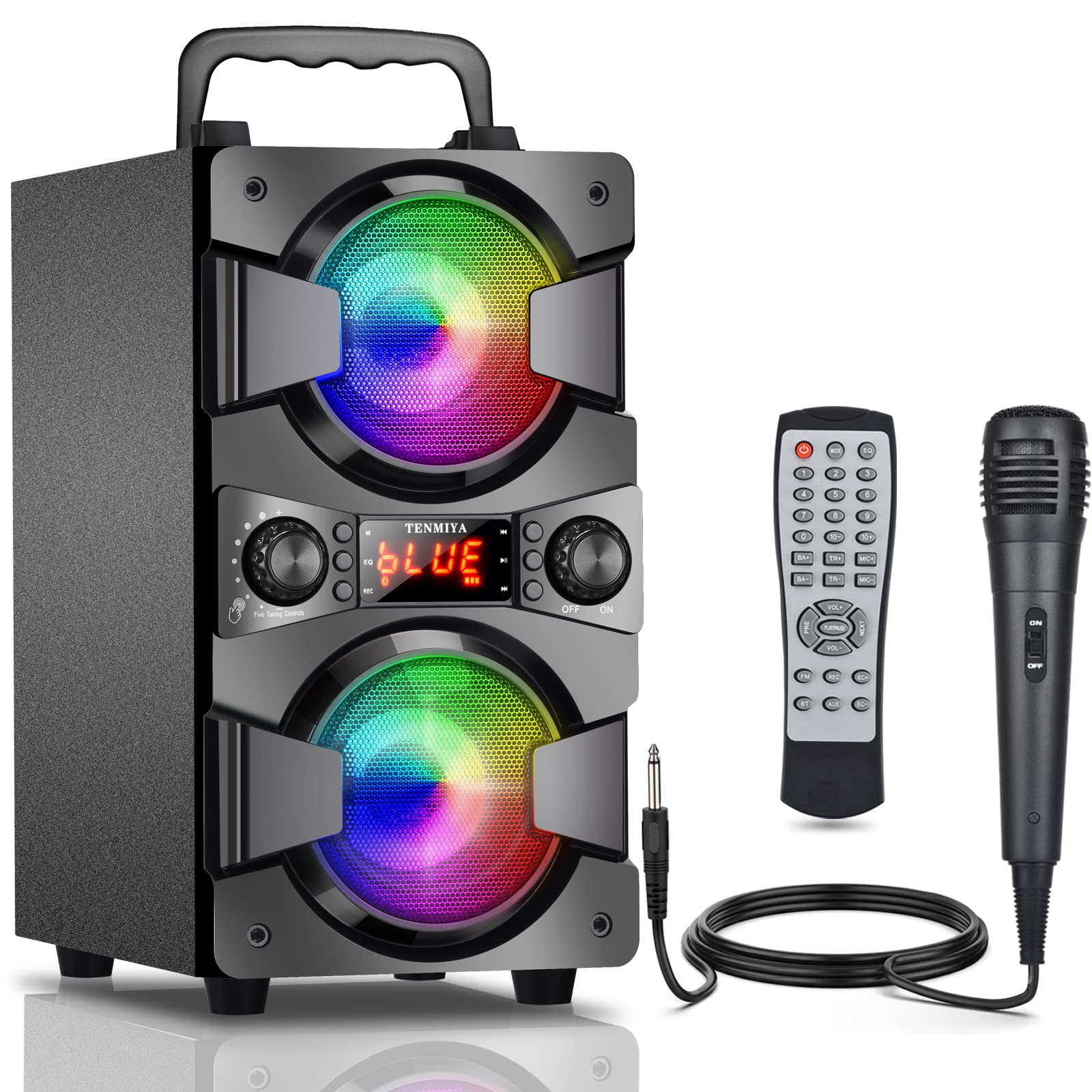 Bluetooth Speakers, 60W(80W Peak) Portable Wireless Speaker with Lights, Microphone, Double Subwoofer Heavy Bass, FM Radio, Remote, Rich Stereo, Loud Speaker for Home Outdoor Party