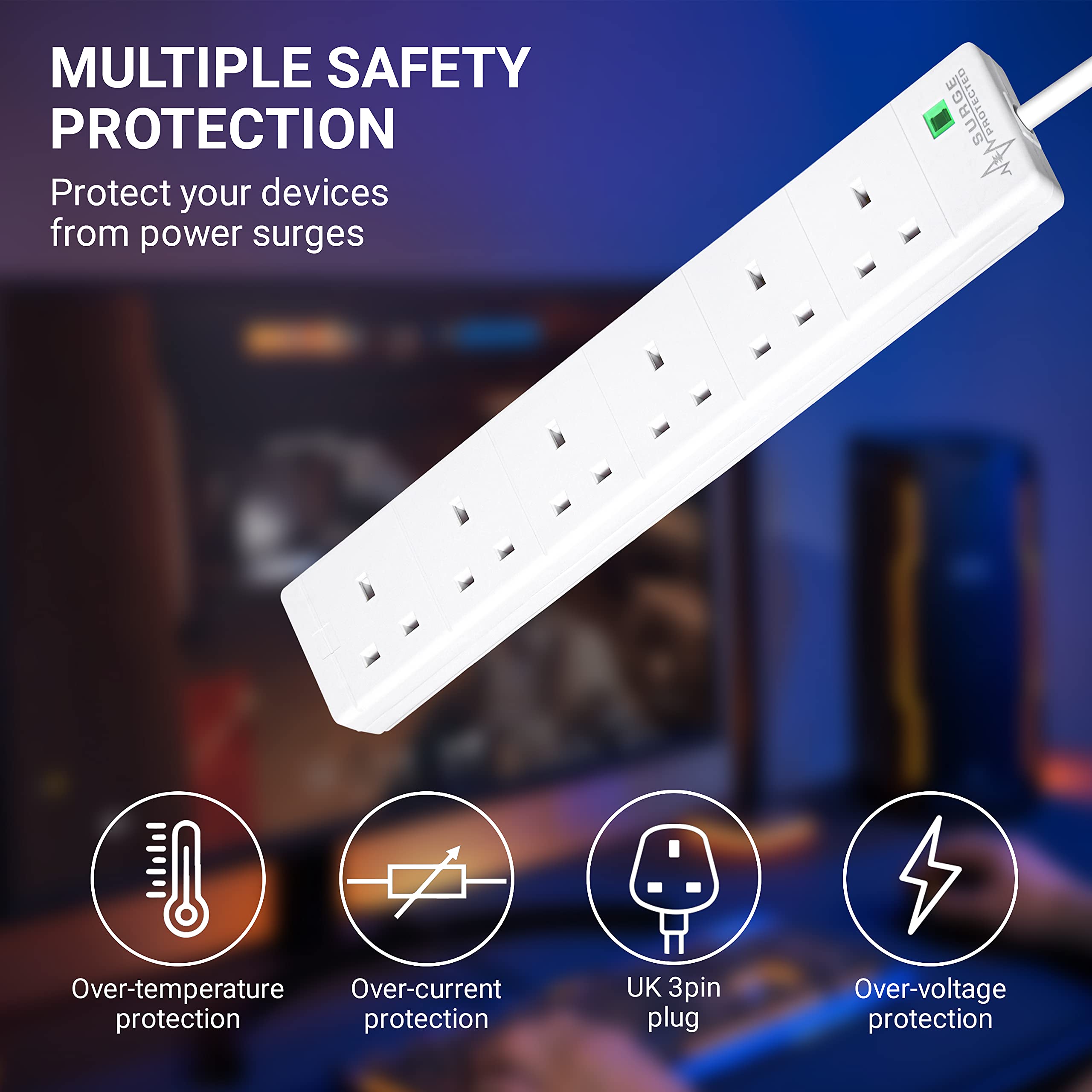 6 Gang Surge Protected Extension Lead 5m Plug Extension Power Strip | 6 Plug Socket Power Extension Cord 5 Meter | 6 Way Mains Electric Power Surge Protection Cable Multi Plug UK
