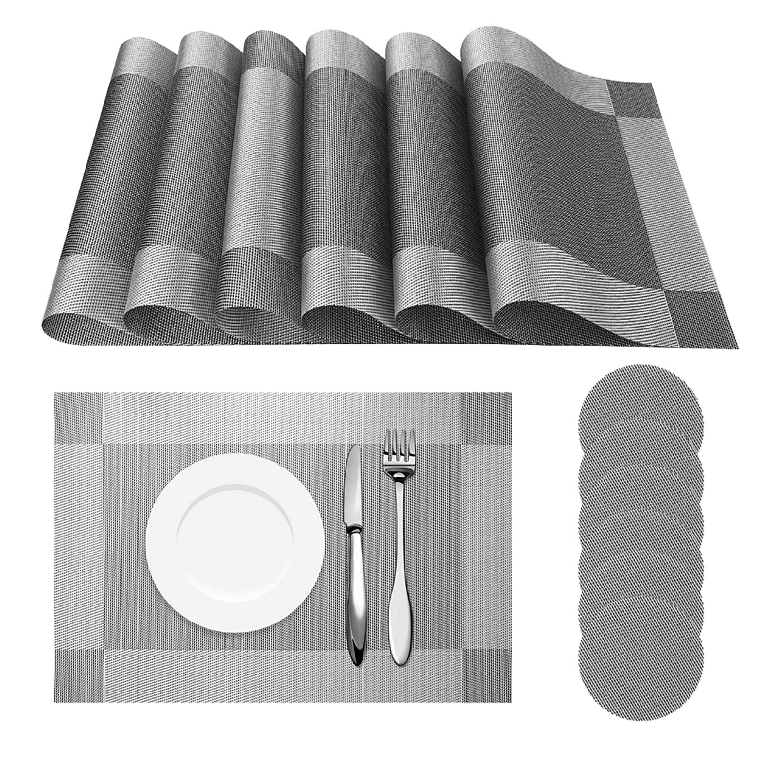HEYOMART Place Mats and Coasters Non-slip Insulation Kitchen Silver Woven PVC Table Mats Heat-resistant Vinyl Placemats Set of 6, Stain-resistant Washable Dinner Mats for Kitchen and Dining Room, Grey