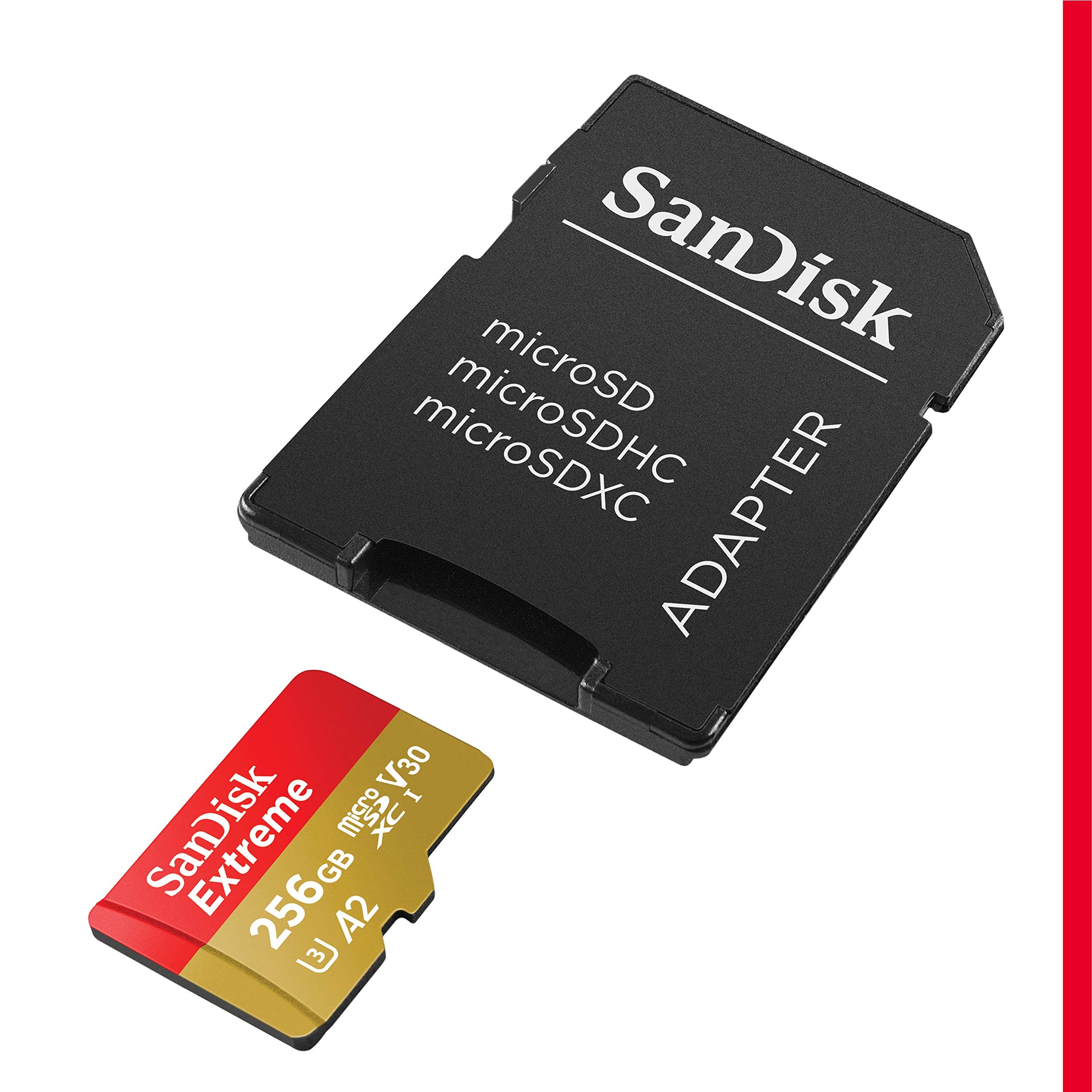 SanDisk Extreme 256 GB microSDXC Memory Card + SD Adapter with A2 App Performance + Rescue Pro Deluxe, Up to 160 MB/s, Class 10, UHS-I, U3, V30, Red/Gold