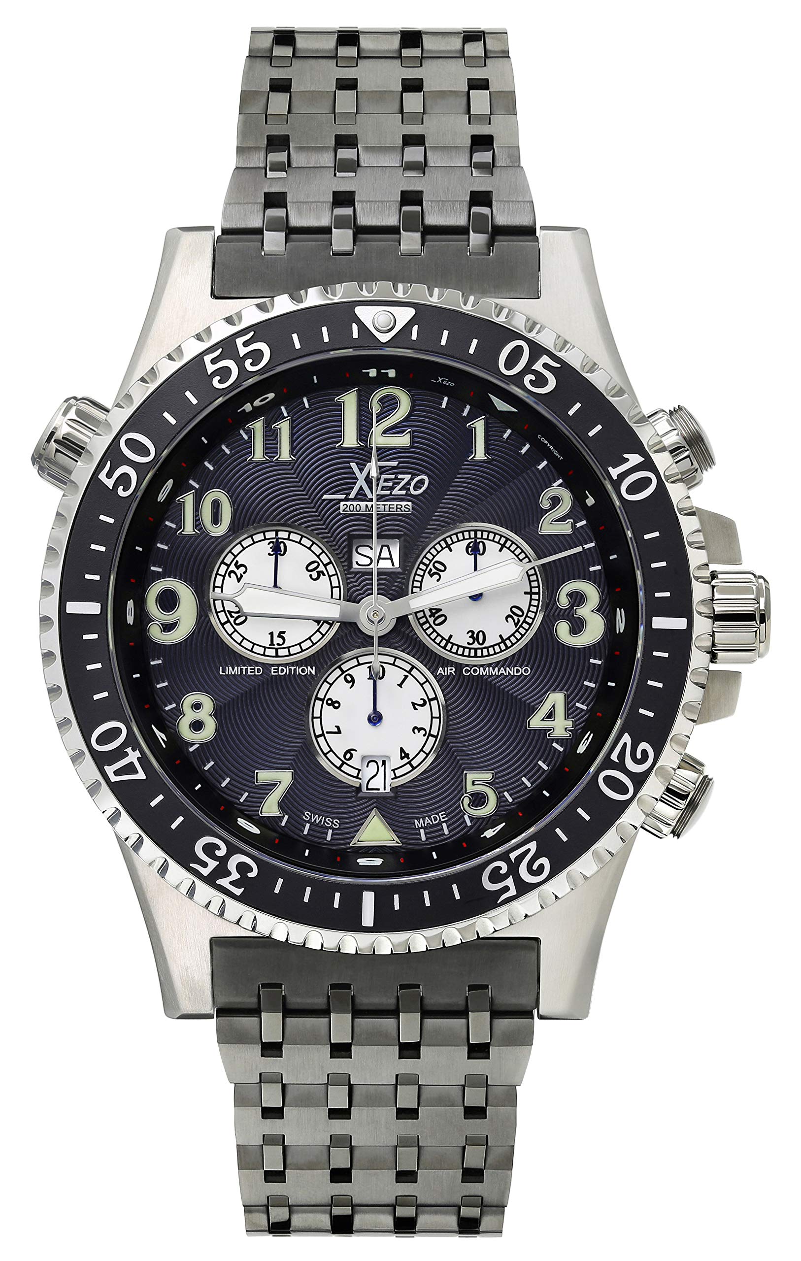 Xezo Air Commando Mens Swiss Made Vintage Style Pilots Divers Chronograph Watch 20 ATM