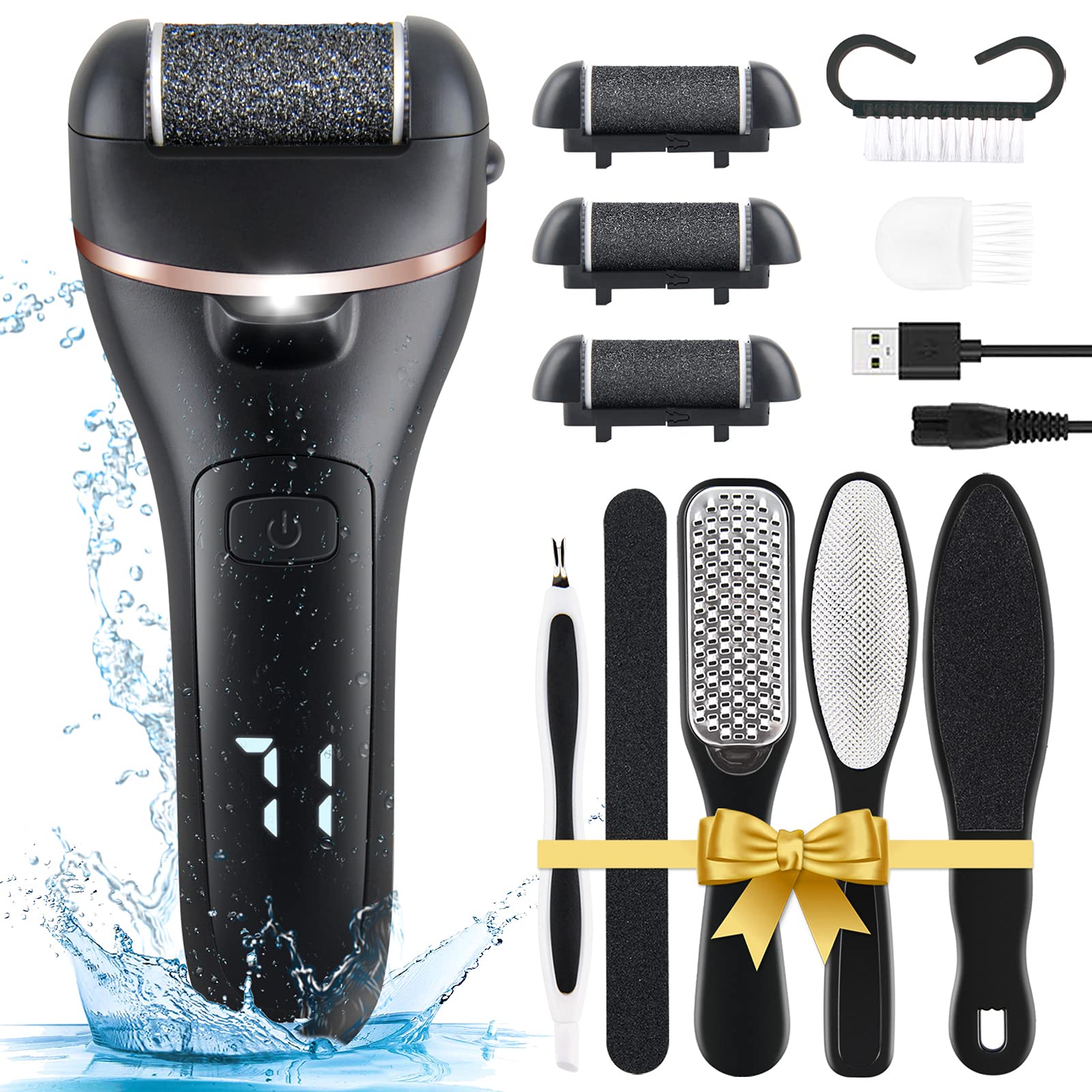 ZOUYUE Electric Foot File Pedicure Set, Rechargeable Waterproof Hard Skin Remover with 3 Rollers and 2 Speeds, Callus Remover Foot Care Gift Kit for Cracked Heels Calluses and Dead Skin(Black)