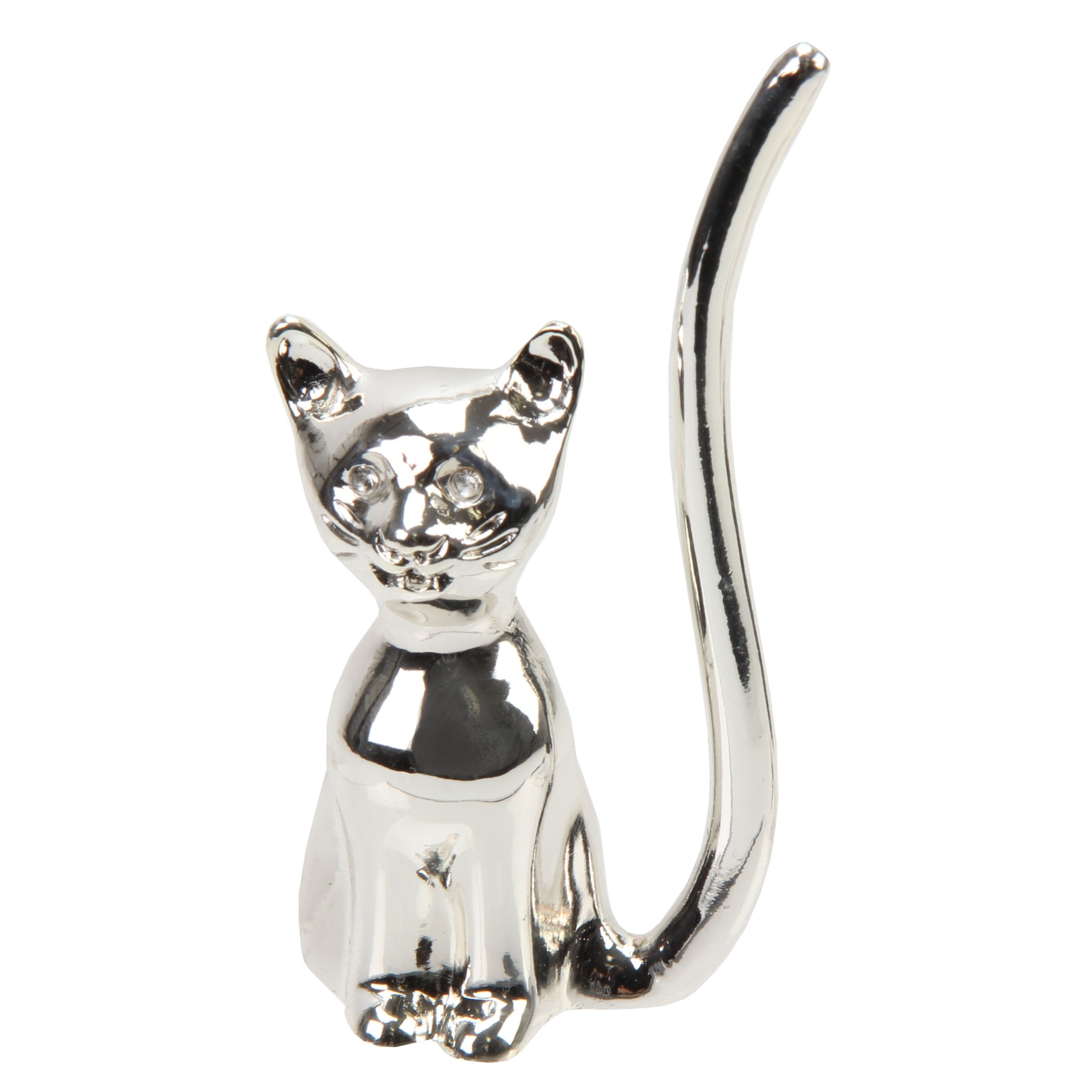 Cat Jewellery Ring Holder, Metal Silver Finish Organiser Stand - Boxed