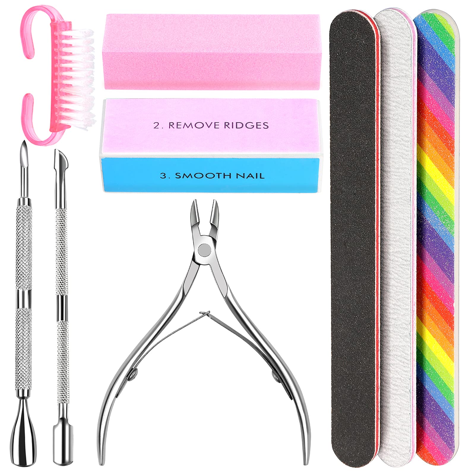 Nail File Set- 3pcs Double Sided Nail File, Rectangular Nail Buffer, Buffer Block Sponge Polished, Nail Brush, Come with Cuticle Nipper and Pusher, Perfect Manicure Tool Kit for Shiny Nail