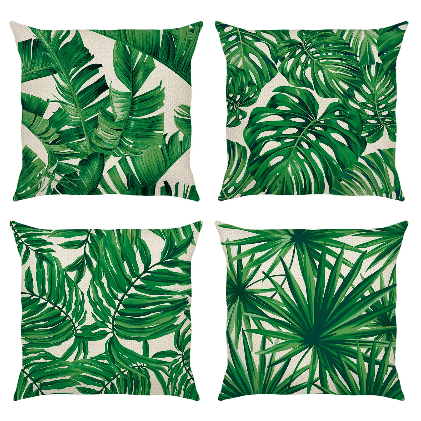 Bonhause Tropical Leaves Cushion Covers 18 x 18 Inch Set of 4 Green Leaf Decorative Throw Pillow Covers Polyester Linen Pillowcases for Sofa Couch Bed Garden Outdoor Home Decor, 45 x 45 cm