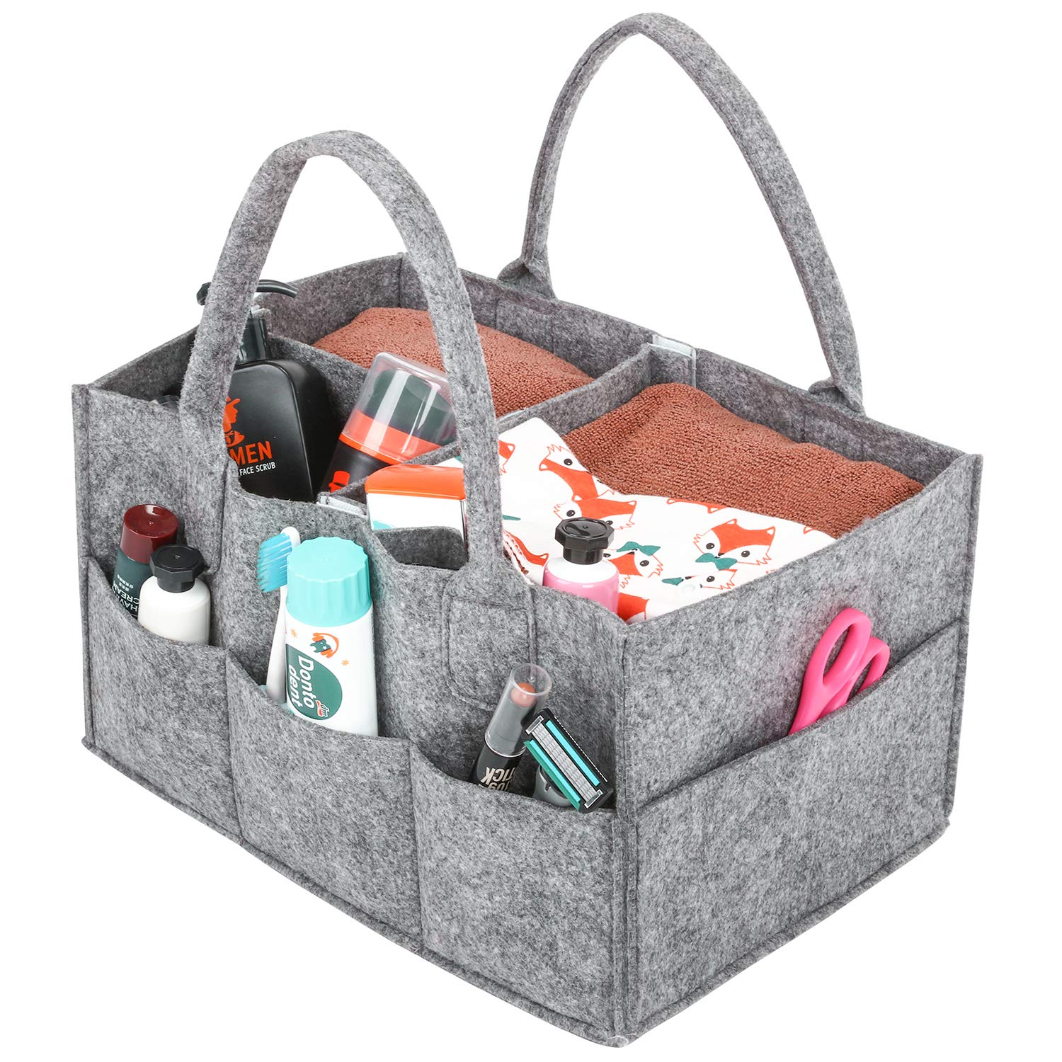 Amazon Brand – Umi Baby Diaper Caddy Nursery Storage Bin Felt Basket Diapers Organizer Baby Wipes Bag with Changeable Compartments, Portable Multipurpose Basket for Car Travel, Nappy Bags for Mom,Grey