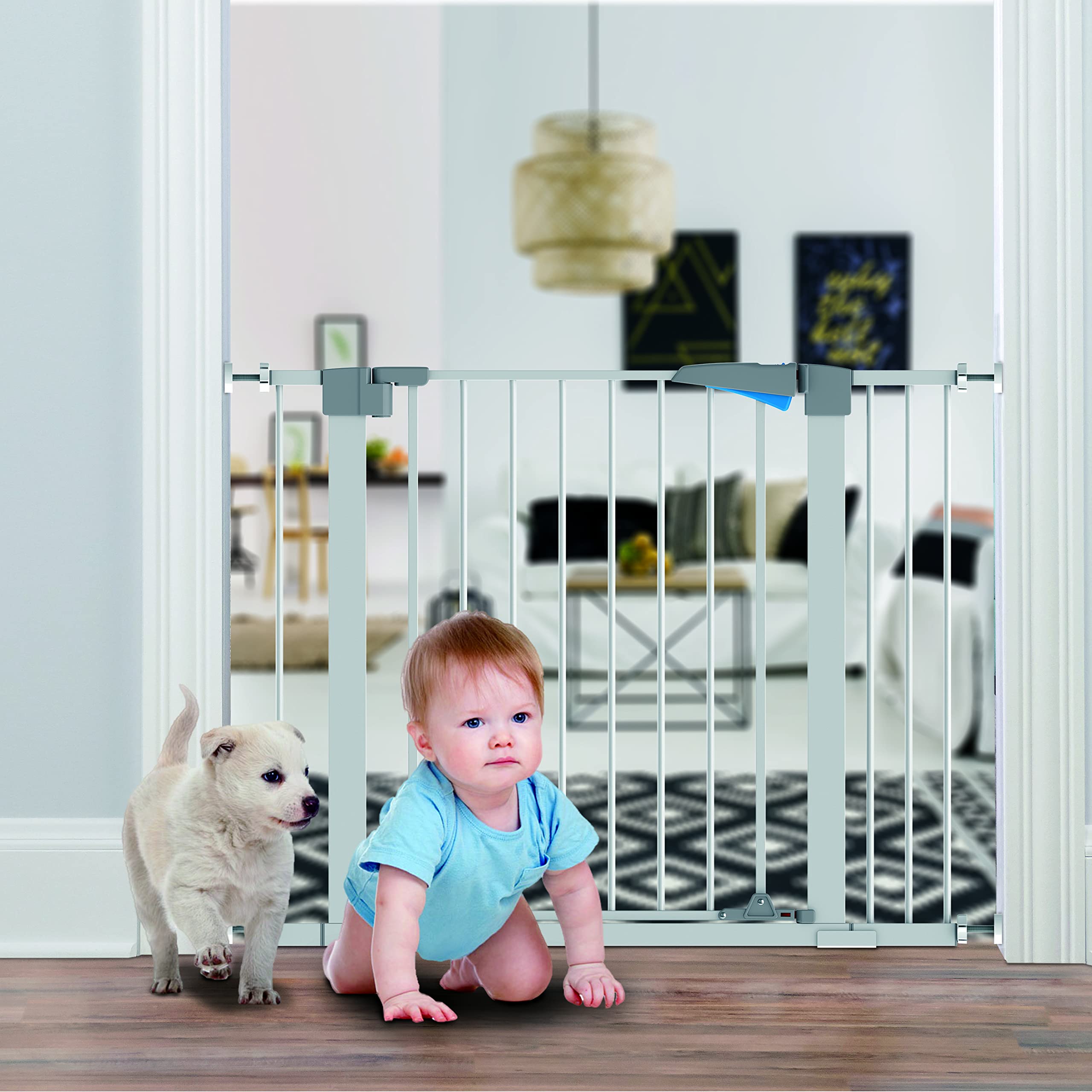 Walk Thru Baby Gate, Auto-Close Safety Gate Metal Expandable Baby Pet Gate with Pressure Mount with 7cm & 14 cm Extension,Fits Spaces Between 79 to 105 cm Wide 76 cm High