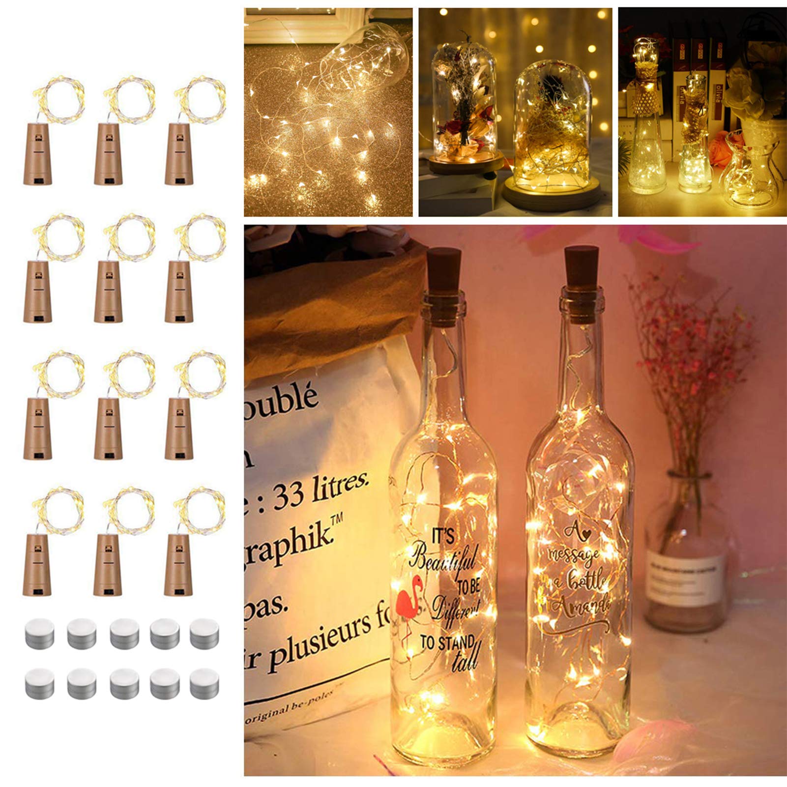 Bottle Lights with Cork 12 Pack Battery Operated 2M 20LEDs Copper Wire Cork Lights for Bottles Indoor Outdoor Decoration (Warm White, 12 Pack)