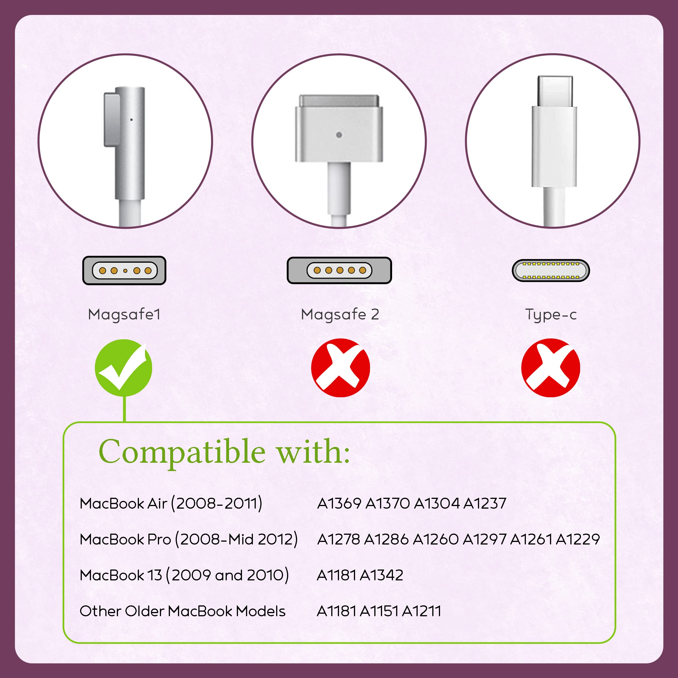 Compatible with Mac Book Air & Old MacBook & MacBook Pro Charger 85W Replacement L-Tip Magsafe1 for Models A1297 A1286 A1278 A1369 A1370 A1342 A1181 and other 45W 60W and 85W Mac built before Mid 2012
