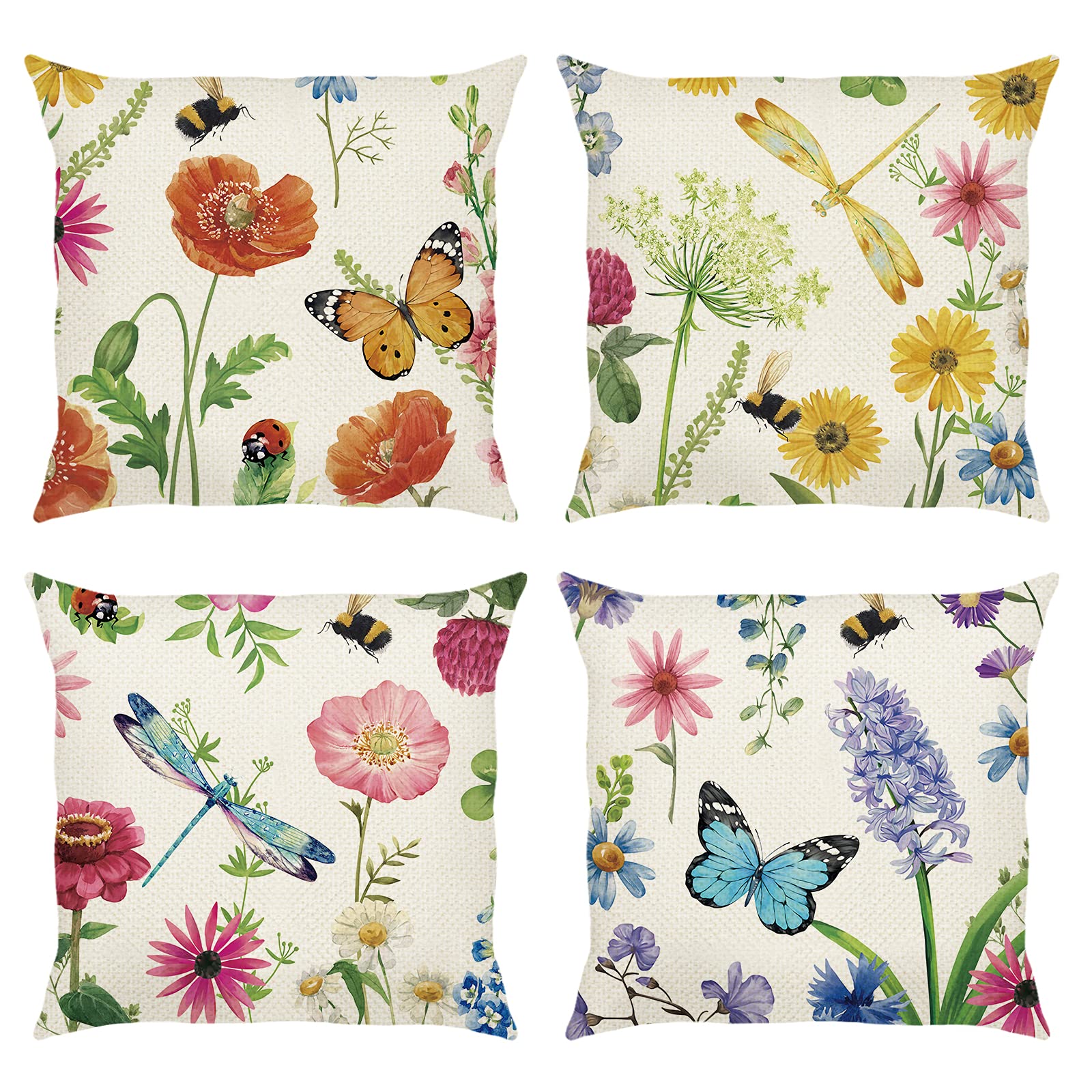 Bonhause Flowers Cushion Covers 18 x 18 Inch Set of 4 Garden Floral and Butterfly Decorative Summer Spring Throw Pillow Covers Polyester Linen Pillowcase for Sofa Garden Outdoor Home Decor, 45 x 45 cm