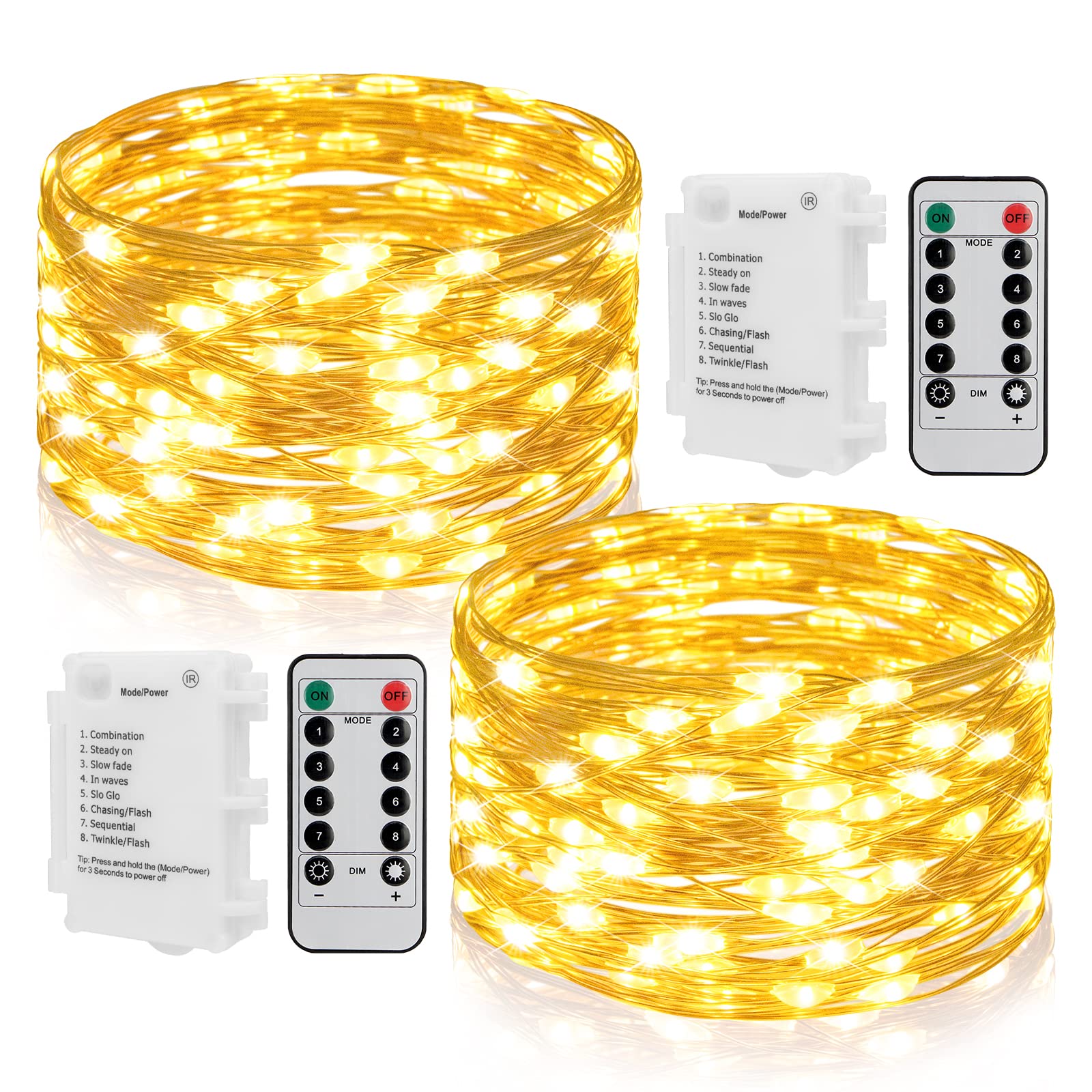 [2 Pack] STARKER Battery Operated Fairy Lights, 16ft 50 LED String Lights with Remote and Timer, Fairy Lights for Bedroom, Garden, Festival Decoration(Warm White, Dimmable, Waterproof)