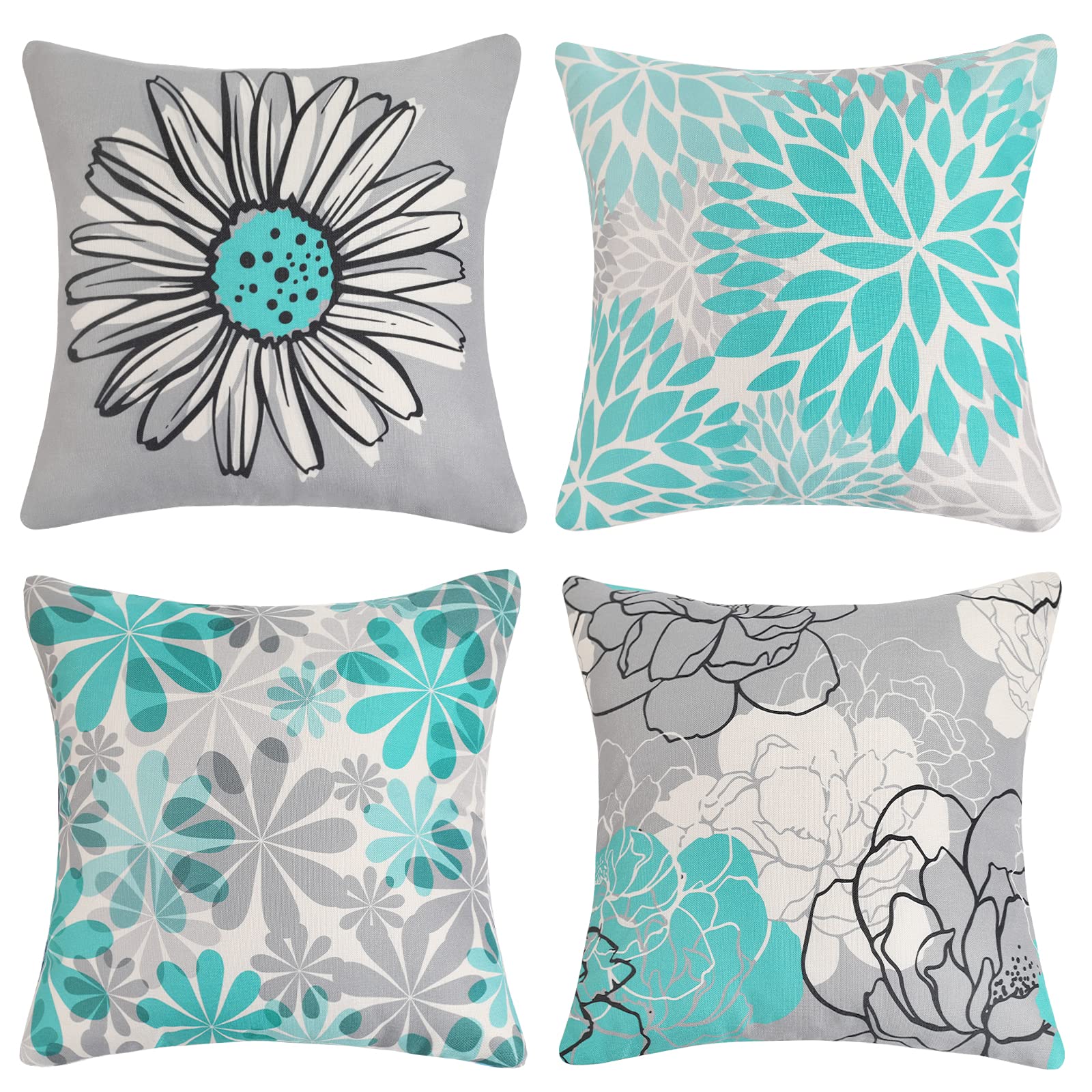 Decorative Cushion Covers 18 x 18 inches Turquoise and Grey Throw Pillow Covers Modern Daisy Flowers Linen Square Pillow Cases for Sofa Couch Chair Outdoor Patio Home Decor Pillowcases Set of 4