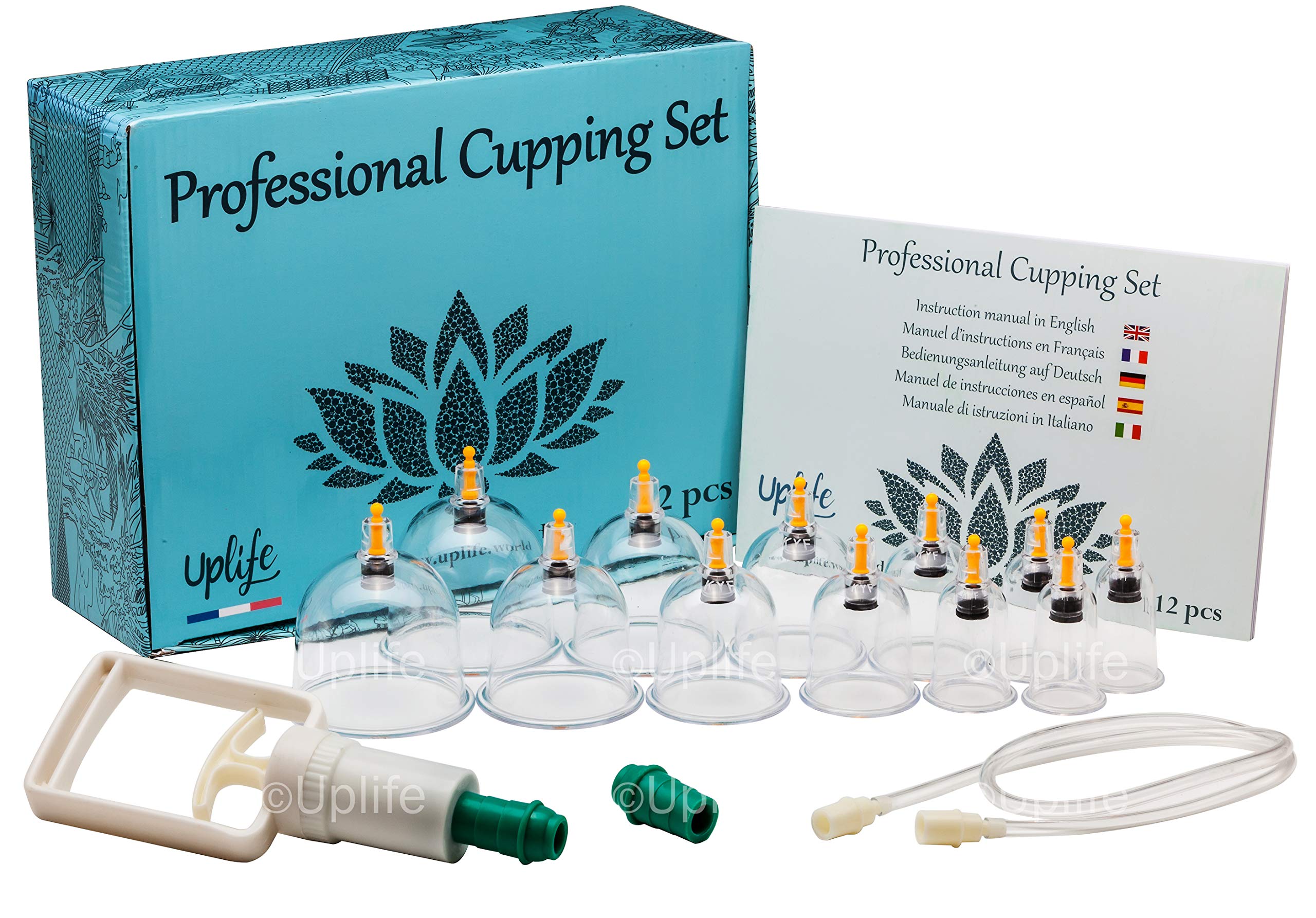 Uplife Chinese Cupping Therapy Set, 12 Vacuum Air Suction Cups with Pumping Handle, Anti Cellulite Massage for Back/Neck Pain Weight Loss Muscle Relief