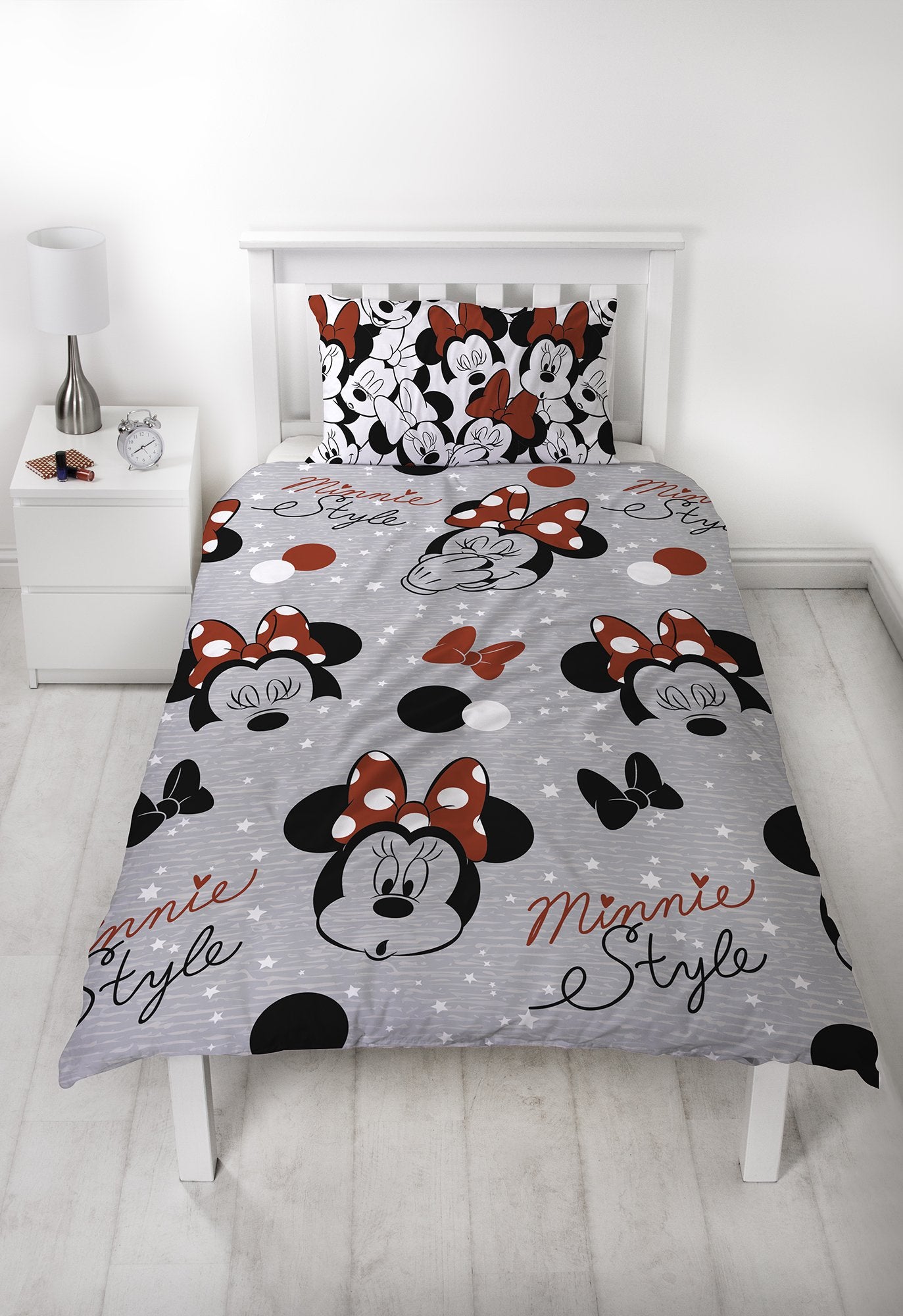 Disney Minnie Mouse Grey Single Duvet Cover | Reversible Cute Two Sided Design | Kids Bedding Set Includes Matching Pillow Case