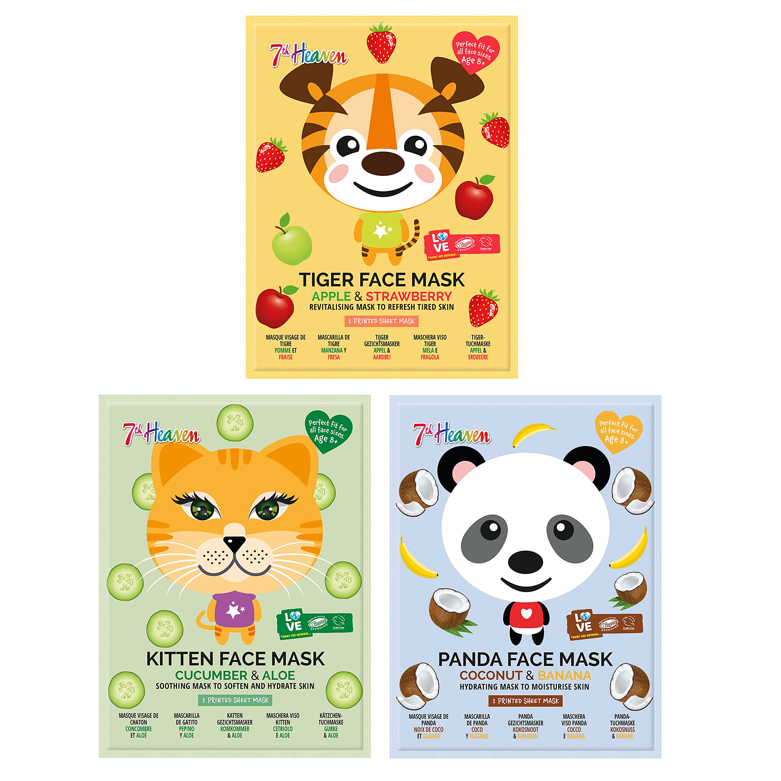 7th Heaven Party Animals Sheet Mask Bundle with Tiger, Kitten and Panda Printed Face Masks to Soothe, Hydrate And Revitalise Dry And Tired Skin - Ideal for All Skin Types (Ages 8+)