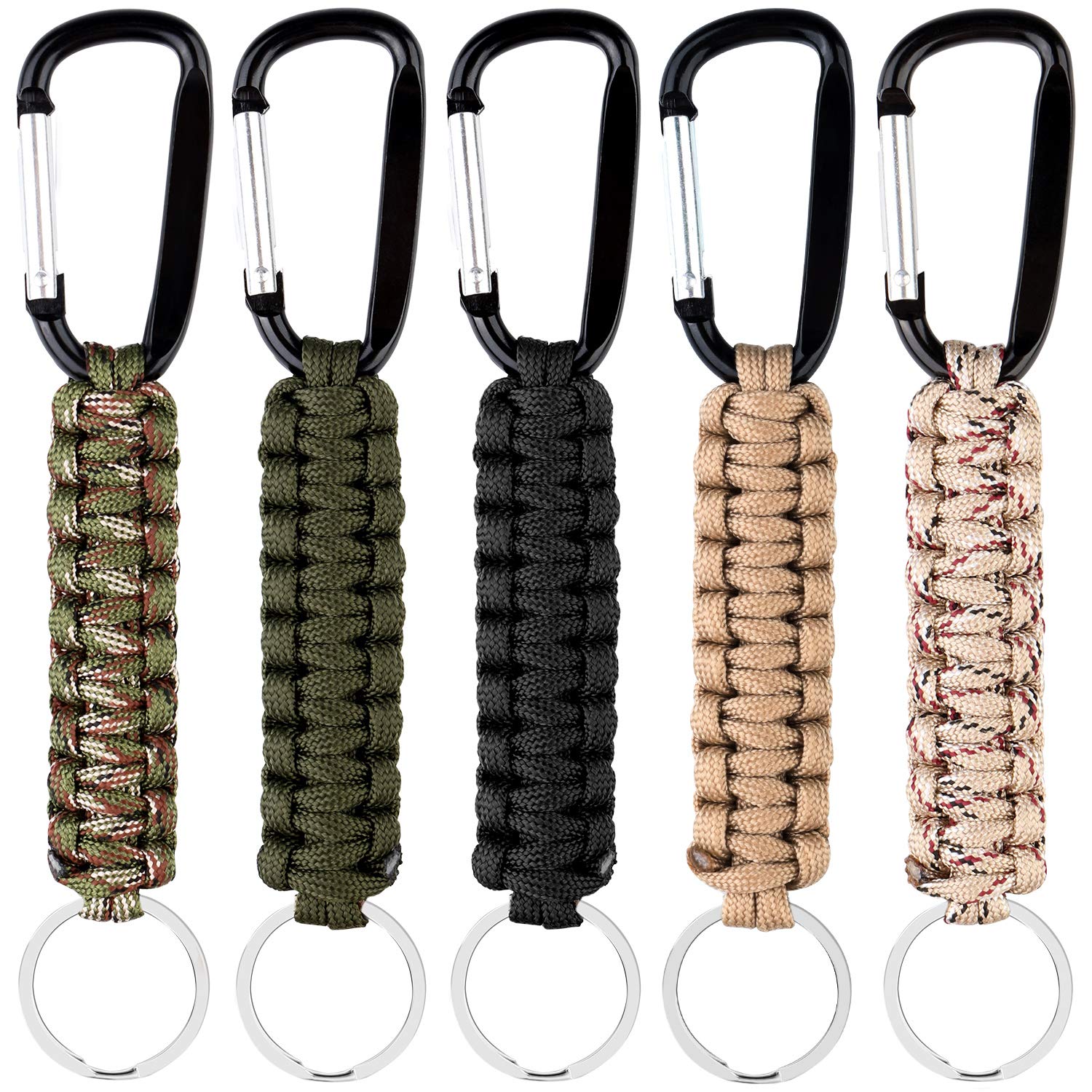 Auranso 5 Pcs Paracord Keyring with Carabiners Lanyard Clip Keychain Strong Steel Key Holder for Outdoor Camping Hiking Backpack Survival Tool