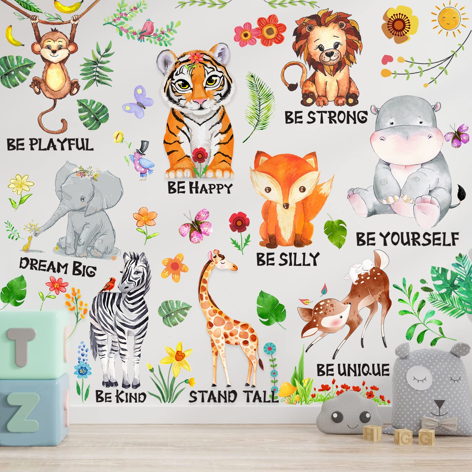 9 Pcs Jungle Animal Wall Decals, Removable Woodland Safari Animal Wall Sticker with Inspirational Quotes for Baby Boys Girls Infant Children Kids Nursery Living Room Bedroom Classroom Playroom Decor