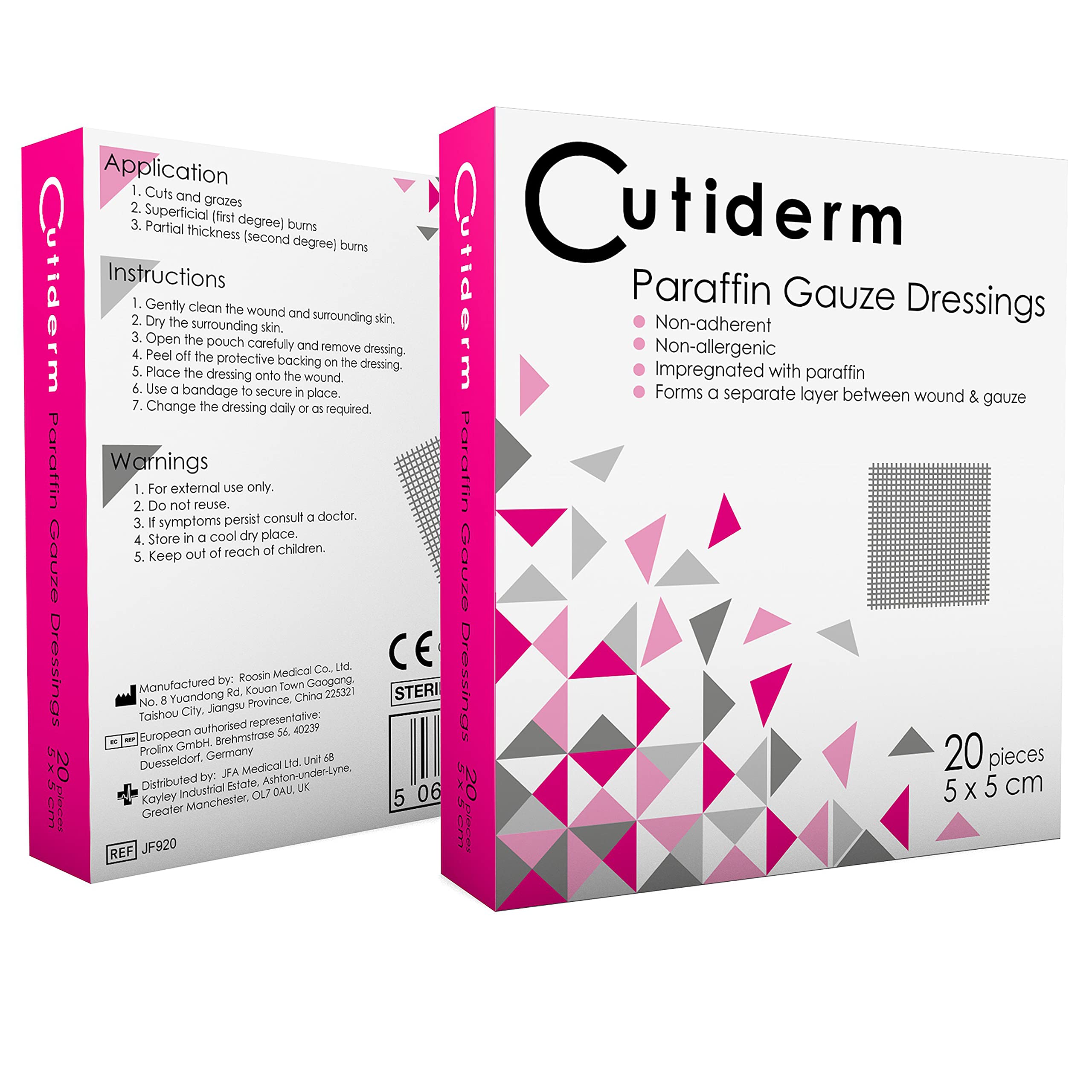 Pack of 20 Cutiderm Sterile Paraffin Gauze Dressing 5cm x 5cm - Suitable for Superficial and Partial Thickness Burns, Skin Loss Wounds, abrasions and Traumatic Injuries