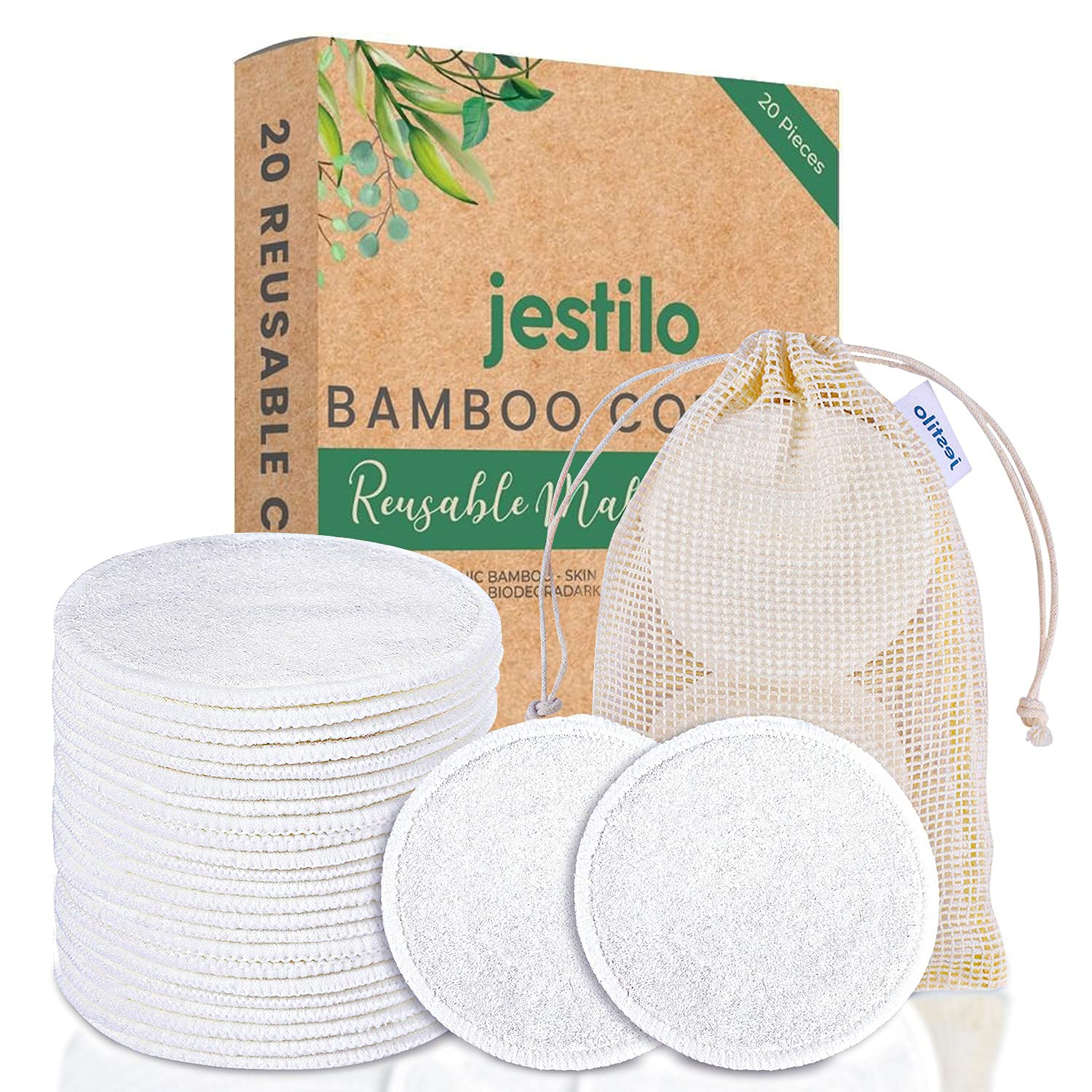 Jestilo Reusable Cotton Pads with Laundry Bag, 20 Pcs Reusable Makeup Remover Pads, Soft Textured Eco Friendly Cotton Wool Pads, Bamboo Face Cleaning Pads for All Skin Types, Zero Waste Washable Pads