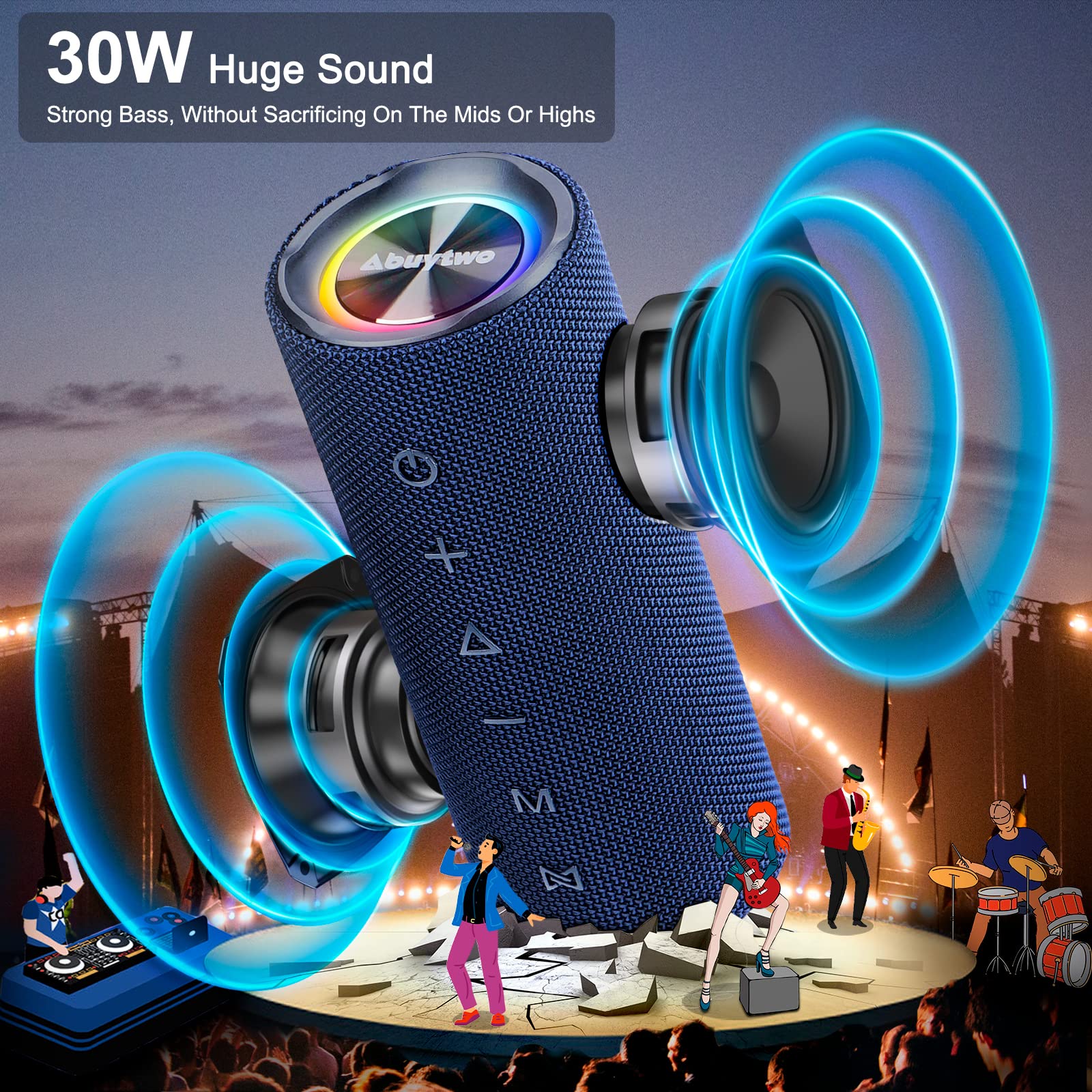 Abuytwo Bluetooth Speaker - Loud Portable Bluetooth Wireless Speakers with Led Lights, IPX7 Waterproof, Bluetooth 5.0, Speaker 30W, 24H Playtime, Built-in Mic, Trave Speakers for Outdoor, Beach -Blue