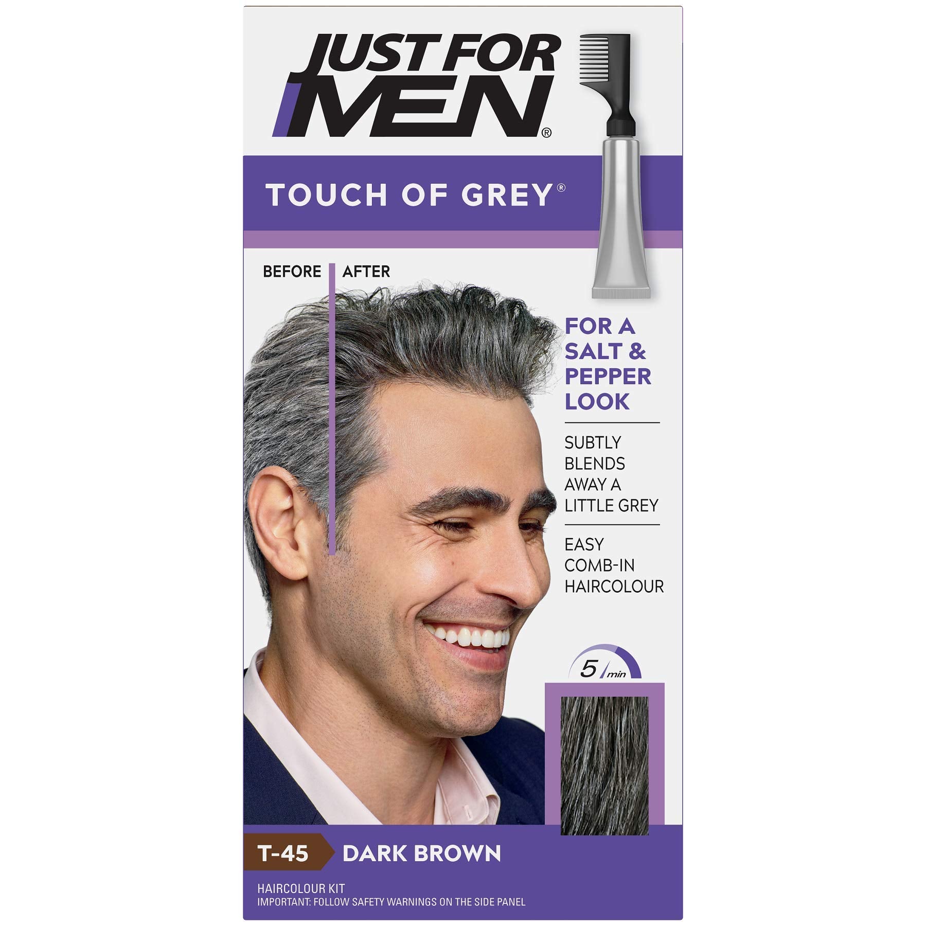 Just For Men Touch of Grey Dark Brown Hair Dye For a Natural Salt & Pepper Look, T45