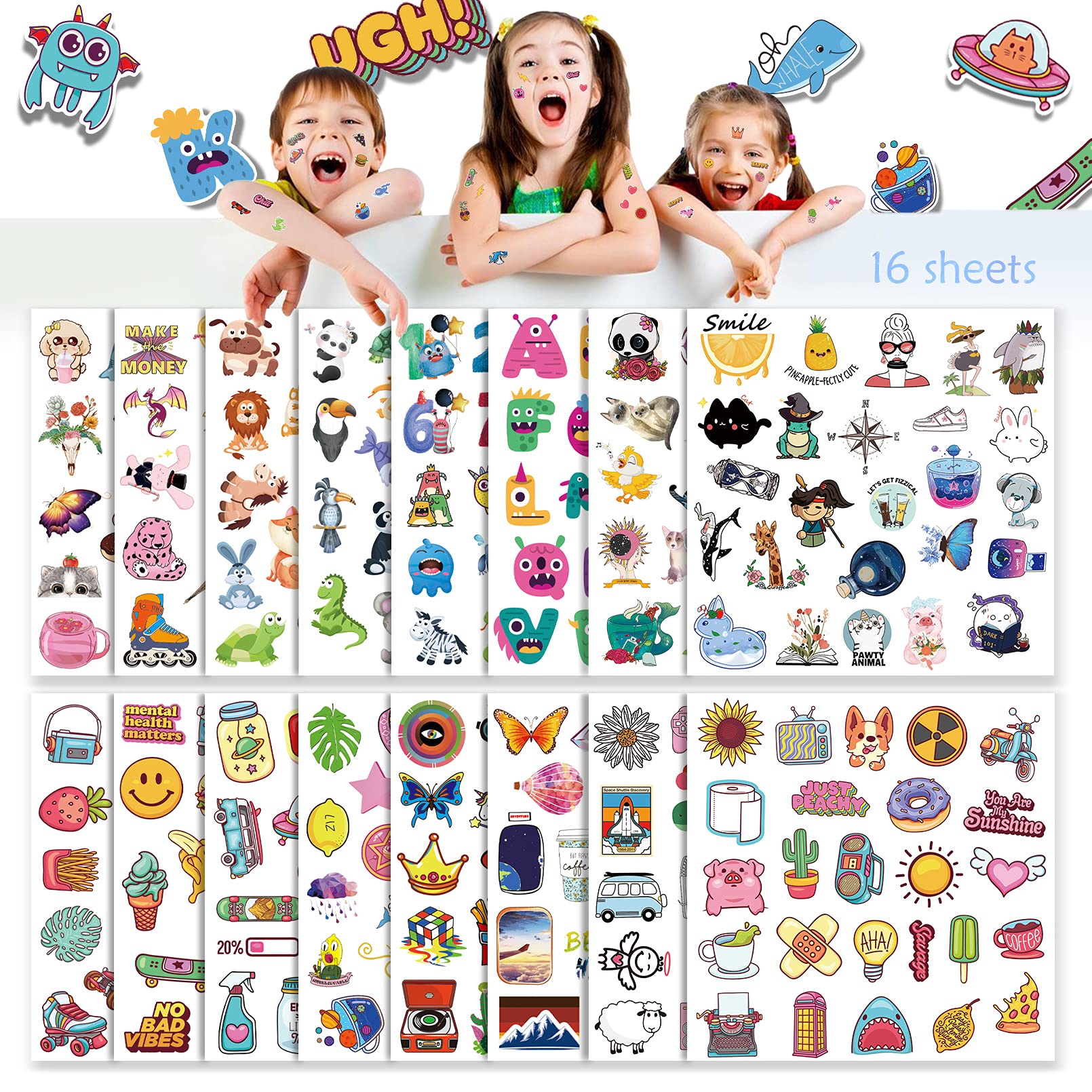 Aresvns Temporary Tattoos for Kids 16 sheets 400+pcs Mixed Style Cartoon Animal Fake Tattoo Skin Stickers for Children's Birthday Boys Girls Party Favors Gift
