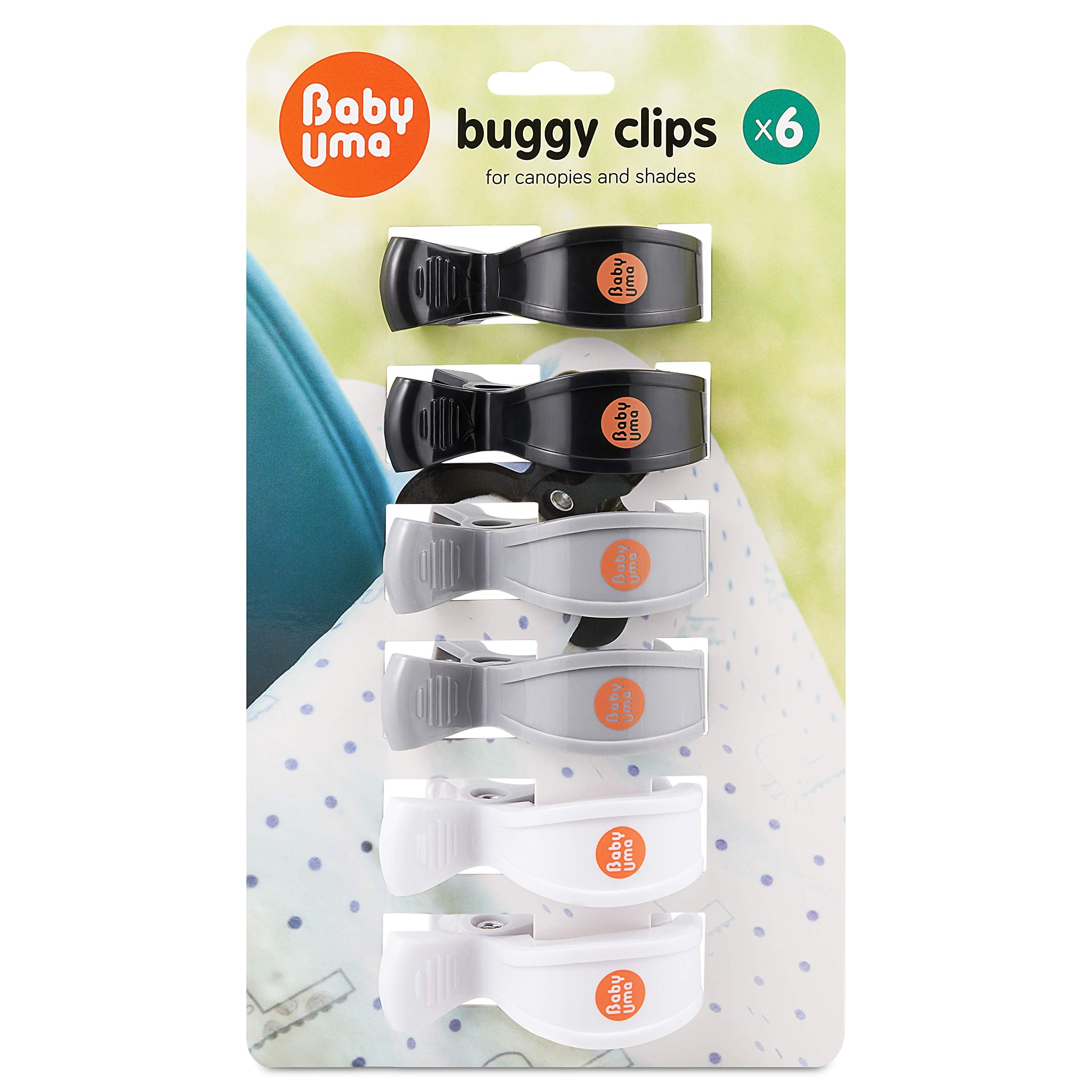 Buggy Clips for Muslins by Baby Uma - Pegs for Pushchair Blankets, Pram Hoods & Stroller Shades - Black/Grey/White - 6 Pieces