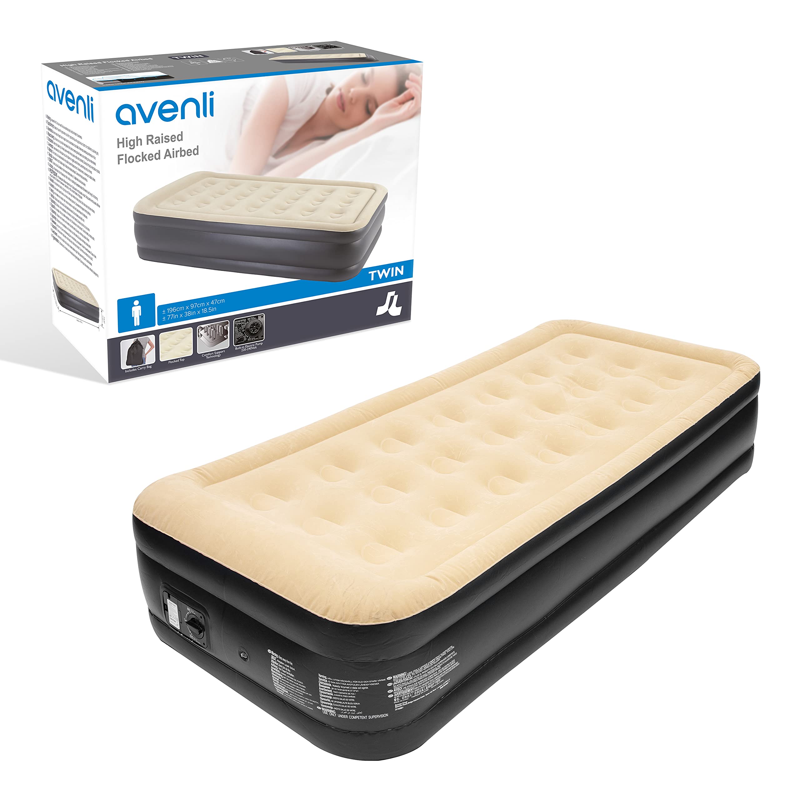 Avenli 88080 High Raised Flocked Airbed | Twin Size | Built in Pump | Quick & Easy Inflation, Vinyl, Beige/Black