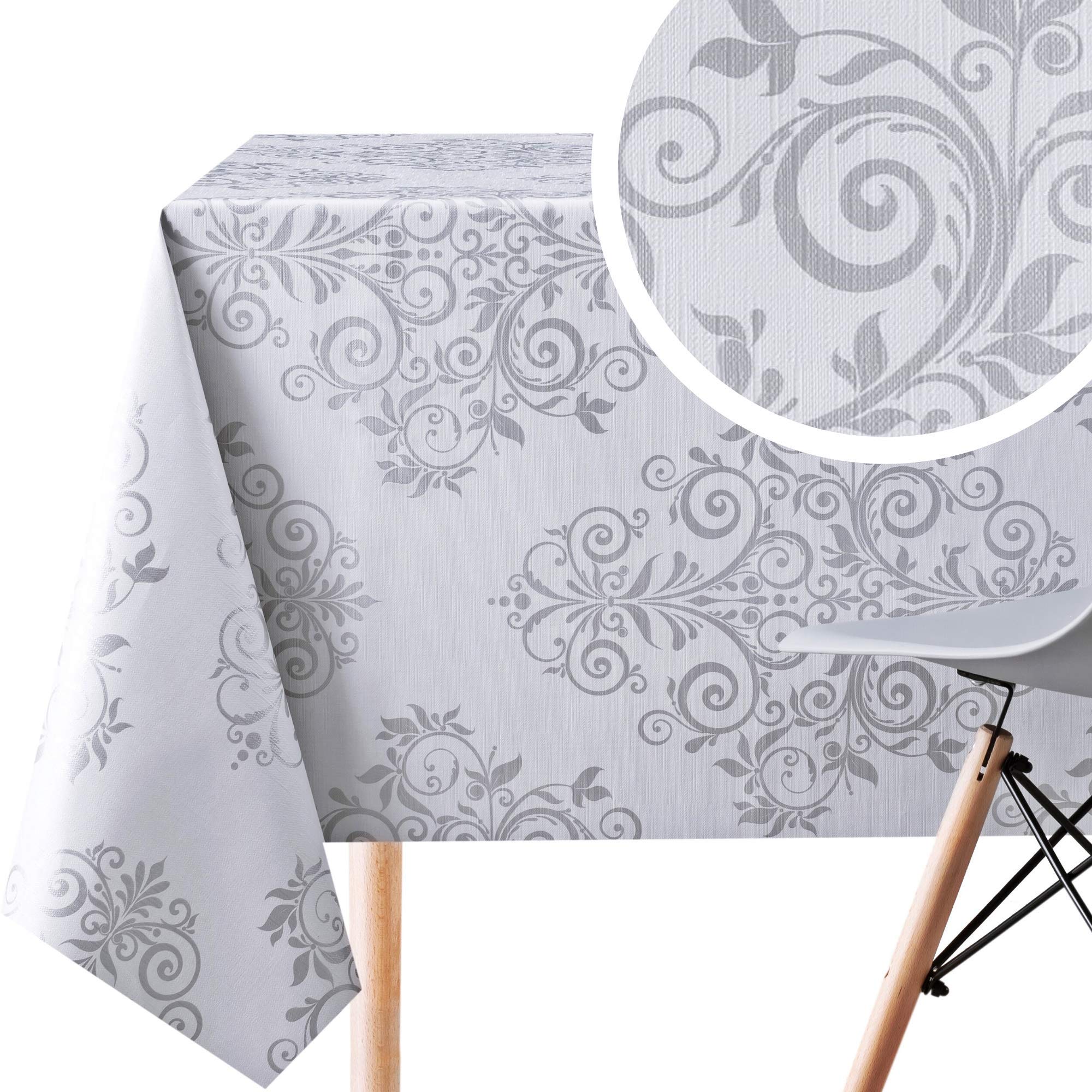 KP HOME Luxury Silver Grey Oriental Baroque PVC Wipe Clean Oilcloth Tablecloth - 200 x 140cm - Orient Design Embossed Thick Rectangular Easy Care Wipeable Vinyl Plastic Table Cloth