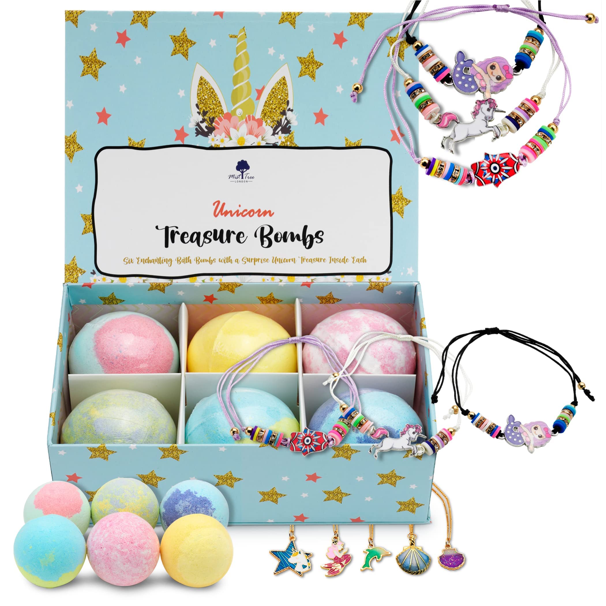 Mist Tree London Unicorn Surprise Jewellery Treasure Bath Bomb Gift Set – 6X Large Unicorn Bath Bombs, Safe for Kids, Birthday Christmas Gifts for Girls in Stunning Gift Box, UK Brand