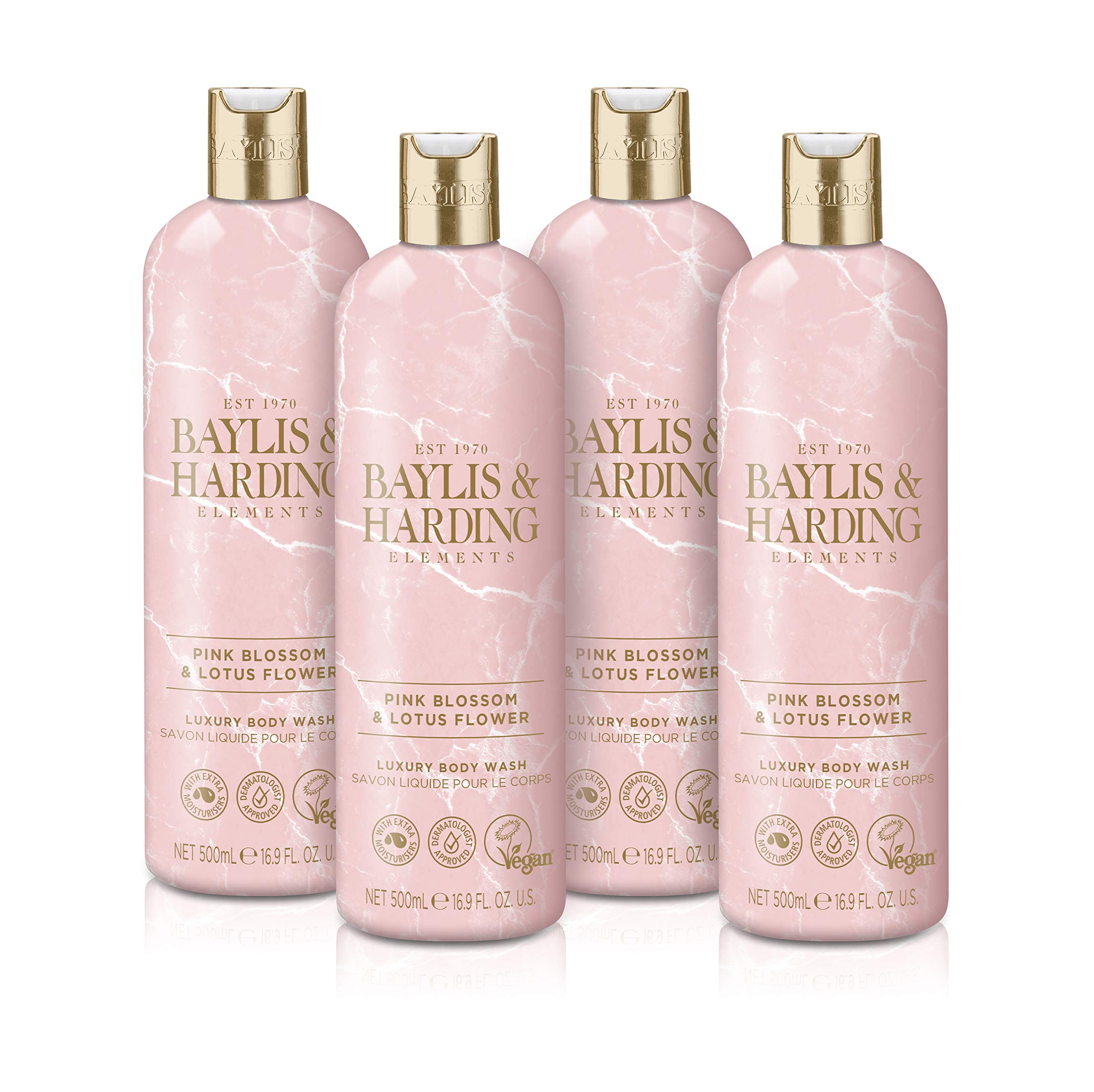 Baylis & Harding Elements Pink Blossom & Lotus Flower Luxury Body Wash 500ml, Pack of 4 - Vegan Friendly