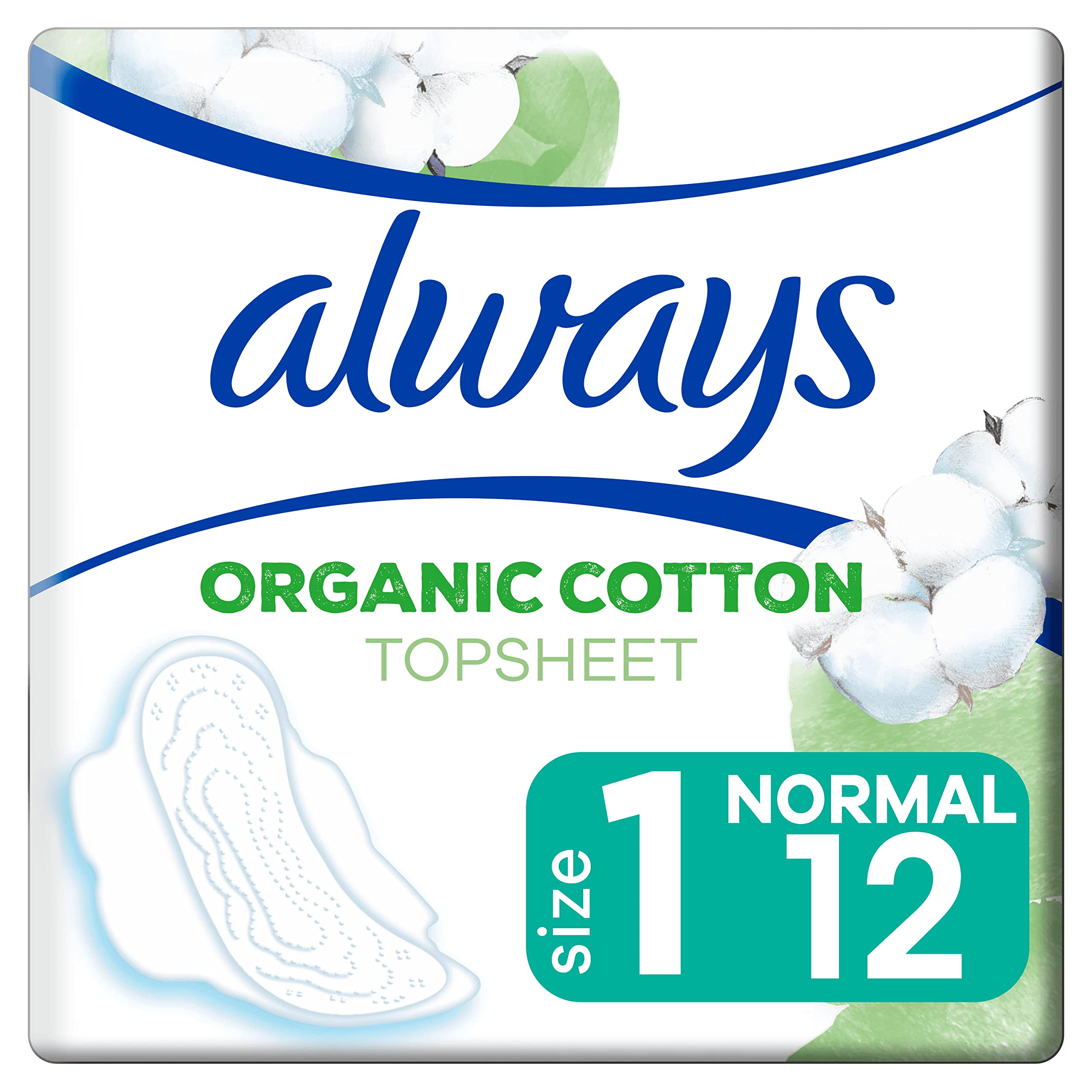 Always Organic Cotton Topsheet Size 1 Sanitary Towels, Pack of 12