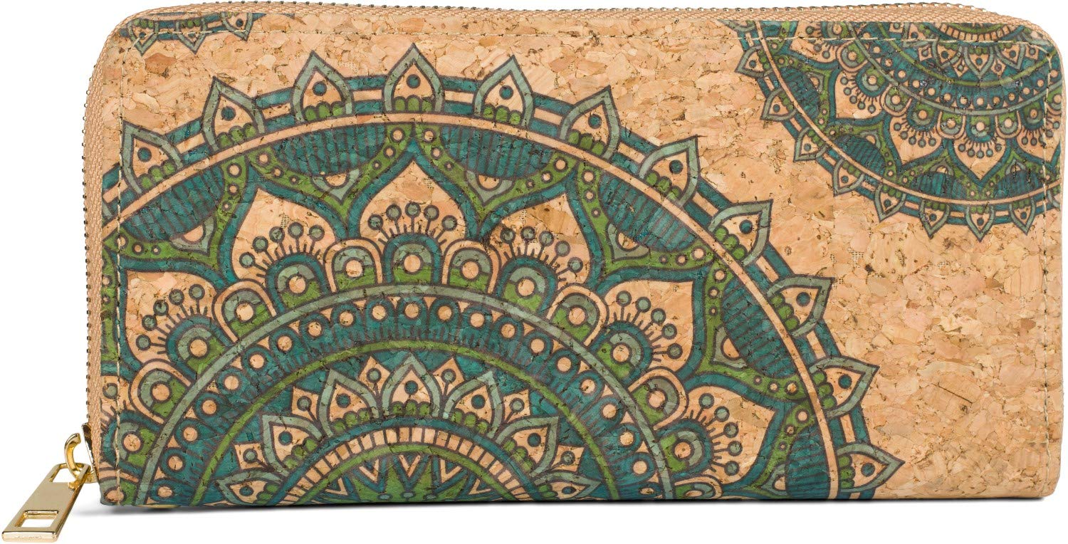 styleBREAKER Women Cork Wallet with Colourful Ethnic Ornament Pattern in Mandala Style, Zipper, Wallet 02040147, Color:Petrol-Green