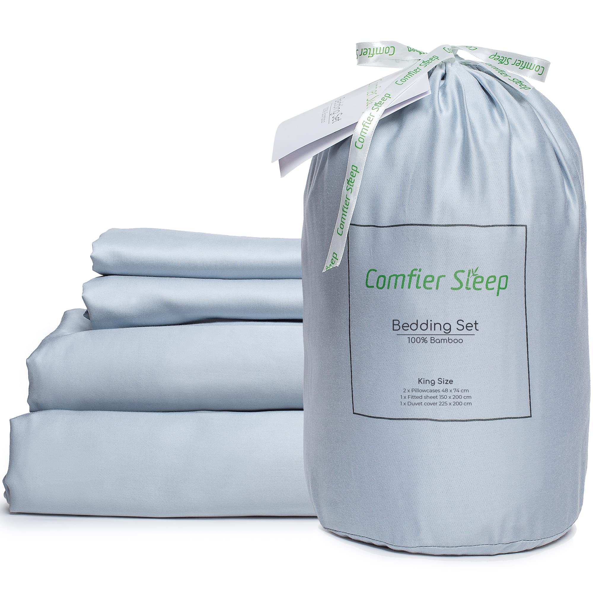 100% Bamboo Bedding Set King Size 100% Organic Including Bamboo Fitted Sheet 150x200cm Bamboo Pillow Cases 48x74 cm and Duvet Cover 225x200 cm Ultra Soft Grey Blue Bedding