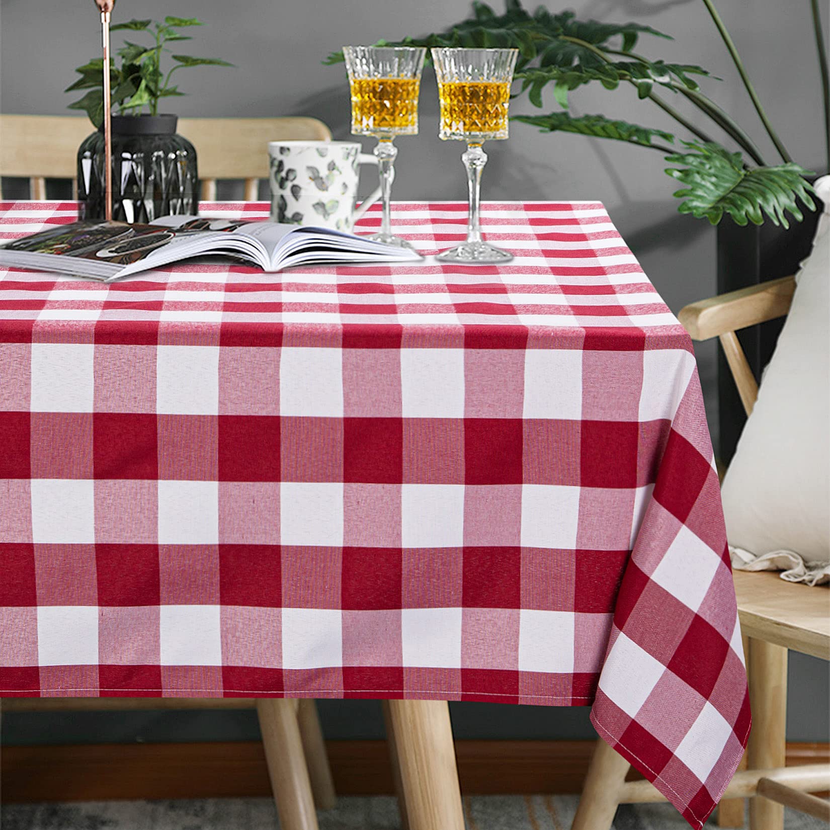 LinTimes Gingham Tablecloth Red Rectangle Checkered Tablecloth Wipeable Resistant Washable Plaid Table Cloth Cover, 55 x 79 Inch for Outdoor Picnic Kitchen Holiday Dinner，Red and White