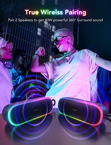 Rainbow Lights Bluetooth Speaker, MEGUO 20W IPX7 Waterproof Shower Speaker w/Strong Bass, 24H Playtime, TF Card, 360° True Wireless Stereo Portable Speaker for Outdoor Party Garden Pool Beach Travel