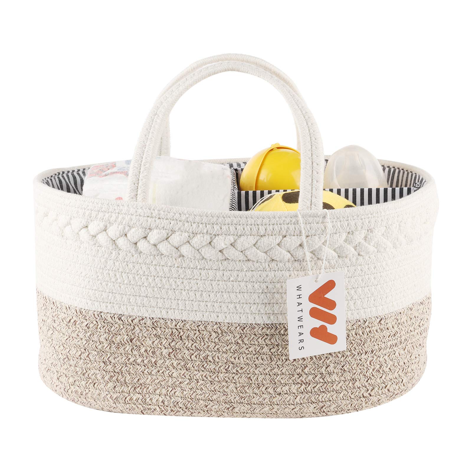 WHATWEARS Baby Nappy Caddy Organiser, Cotton Rope Woven Multifunctional Caddy-Nursery Storage Bin Nappy Toys Storage Basket with Changeable Compartments, Newborn Shower Gift Diaper Tote Bag(Brown)