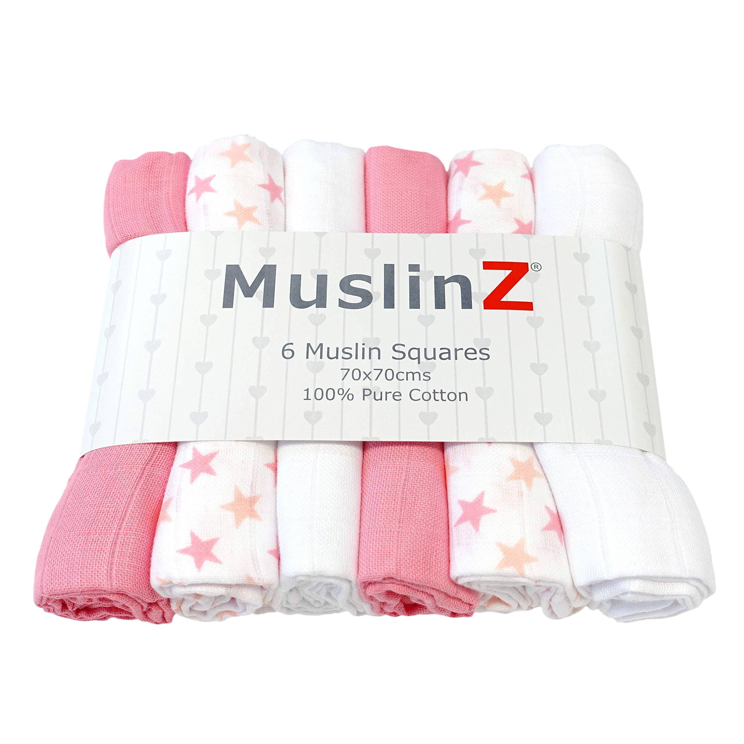 MuslinZ 6pk Baby Muslin Square Burp Cloth Star Mix 100% Cotton 70x70cm (Pink)