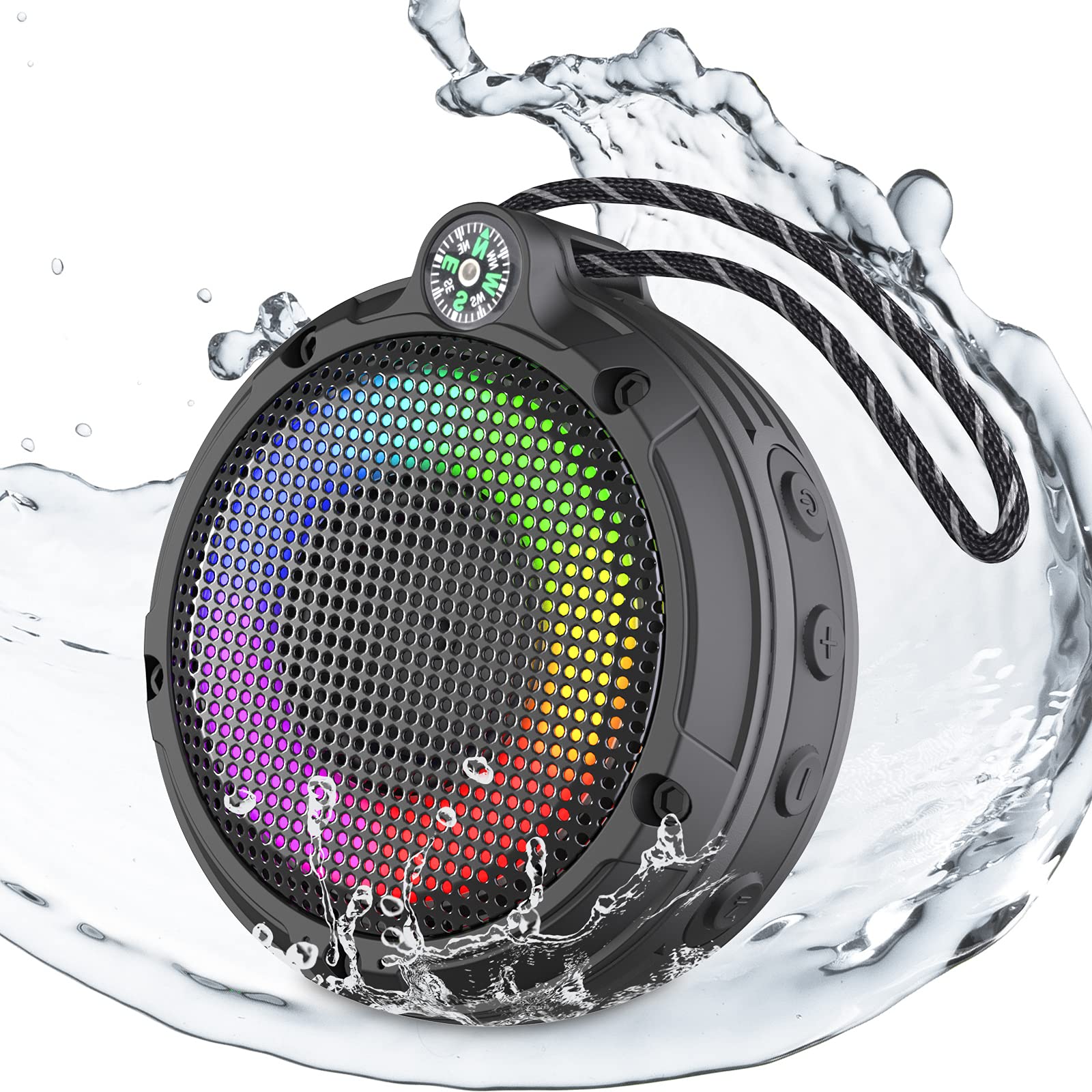Ortizan Bluetooth Shower Speaker, IPX7 Waterproof Mini Speaker with LED Lights, Portable Outdoor Wireless Speaker with 8W & 24H Playtime, Perfect for Shower, Bike, Hike, Support TF Card, FM Radio