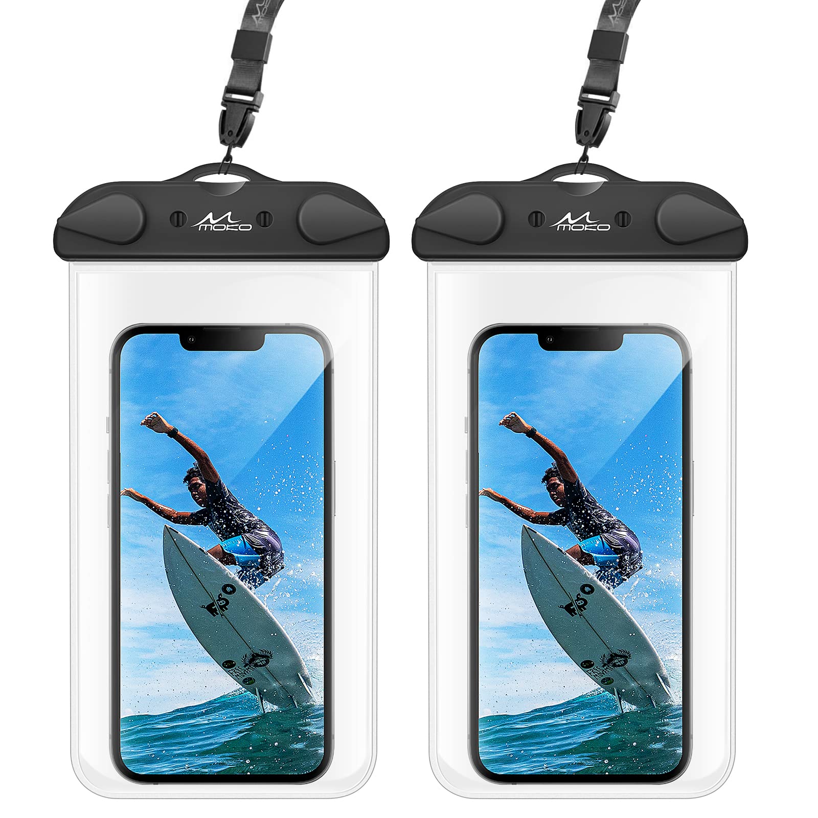 MoKo Waterproof Phone Pouch 2-Pack Compatible with iPhone 13/12/11 Pro Max/Mini, Xs Max Xr, SE 3/2, Galaxy S22/S21/20, Note 20/10, Cellphone Dry Bag Case for Snorkeling Swimming, Black + Black