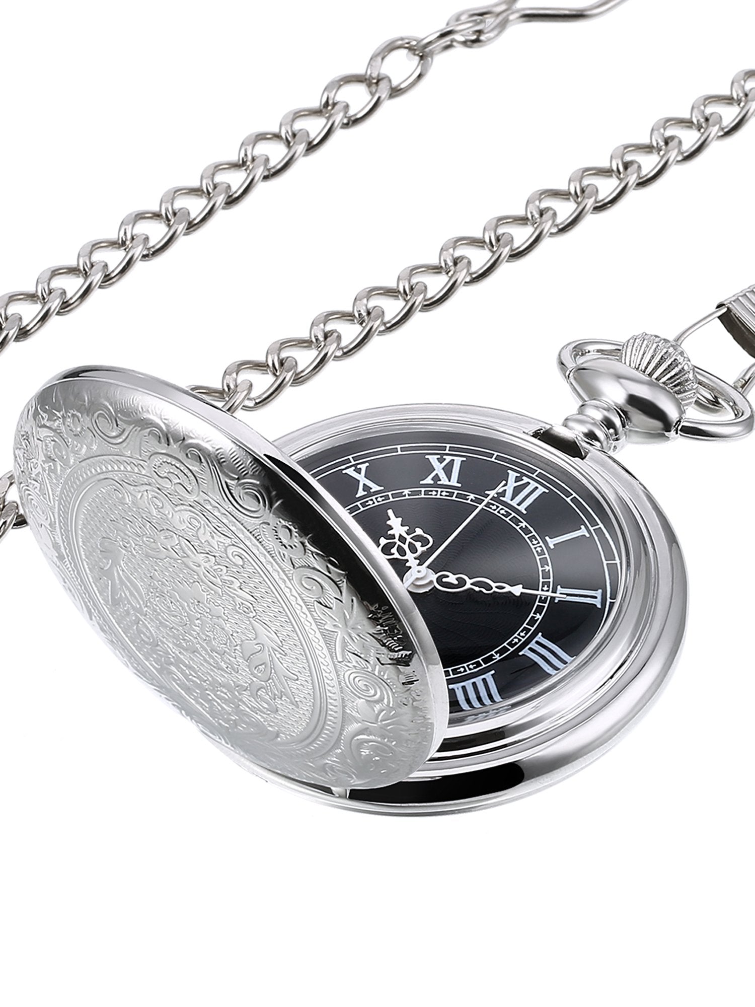 Quartz Pocket Watch for Men with Black Dial and Chain