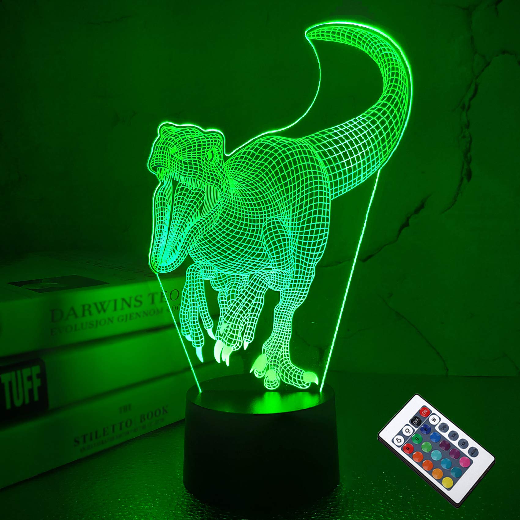 Dinosaur Lamp, CooPark 3D Illusion Night Light for Kids with 16 Colors Changing Remote Control Optical Bedroom Decor Best Creative Birthday Christmas Halloween Gifts for Boy Toddler