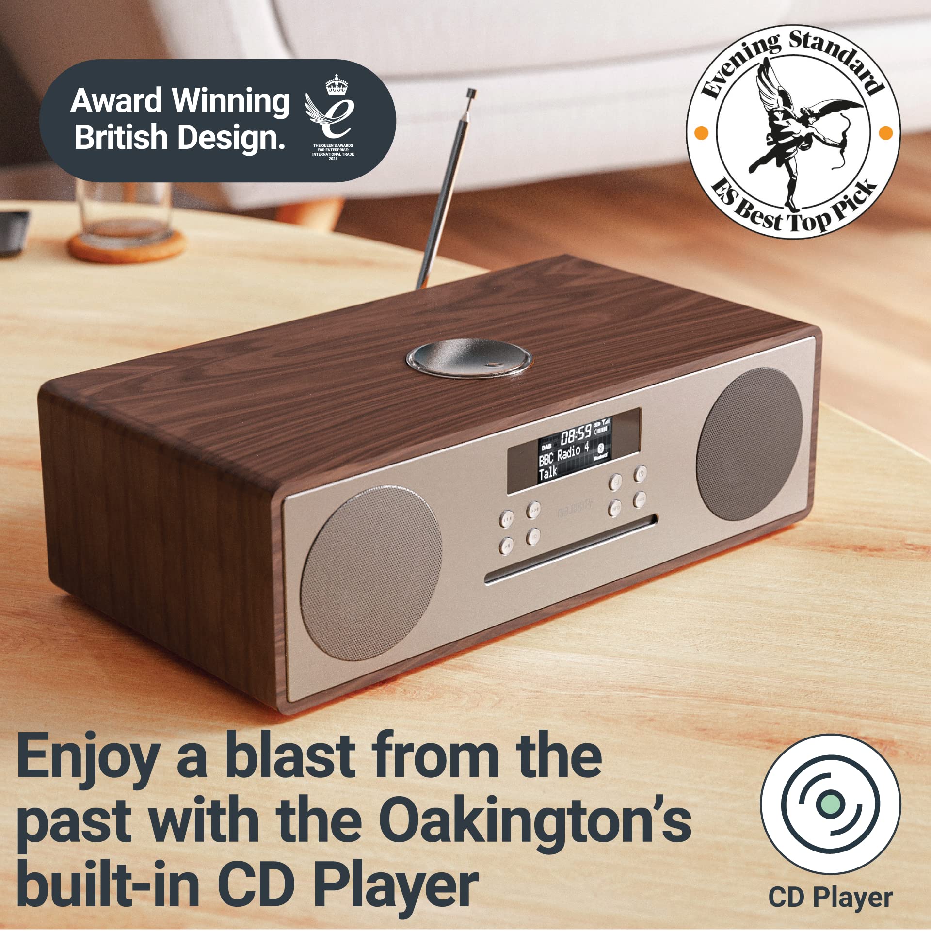CD Player with FM, DAB and DAB+ Digital Radio | Bluetooth CD Stereo System with Remote, Aux, USB Input and LED Display | Majority Oakington | Compact Hi-Fi with Adjustable Bass and Equalizer | Walnut