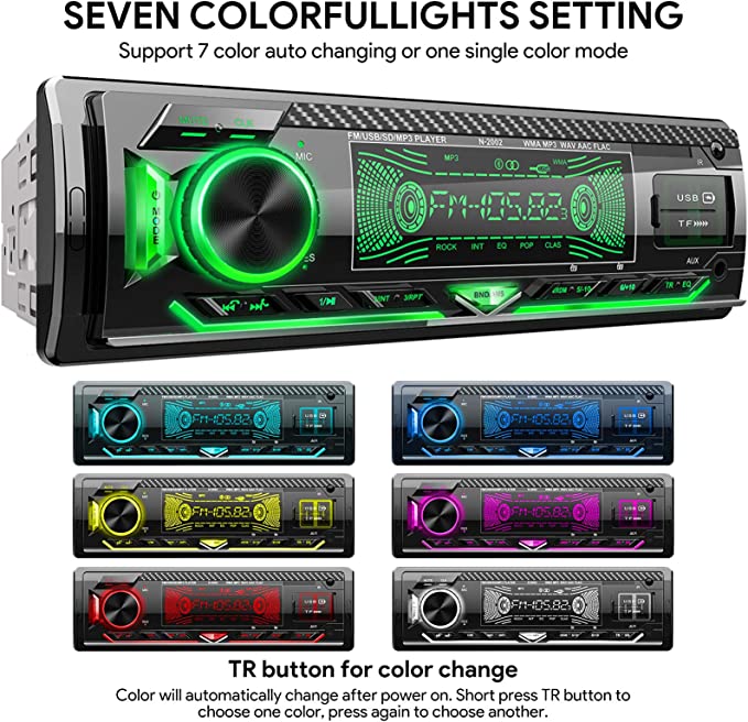 Car Stereo Bluetooth, CENXINY Car Radio Bluetooth 5.0 Hands-free1 Din Universal Built-in Microphone, 4X65W Car Radio Receiver, USB/TF/FM/AUX/WMA/WAV/MP3 Media Player with 7 Colorful Lights