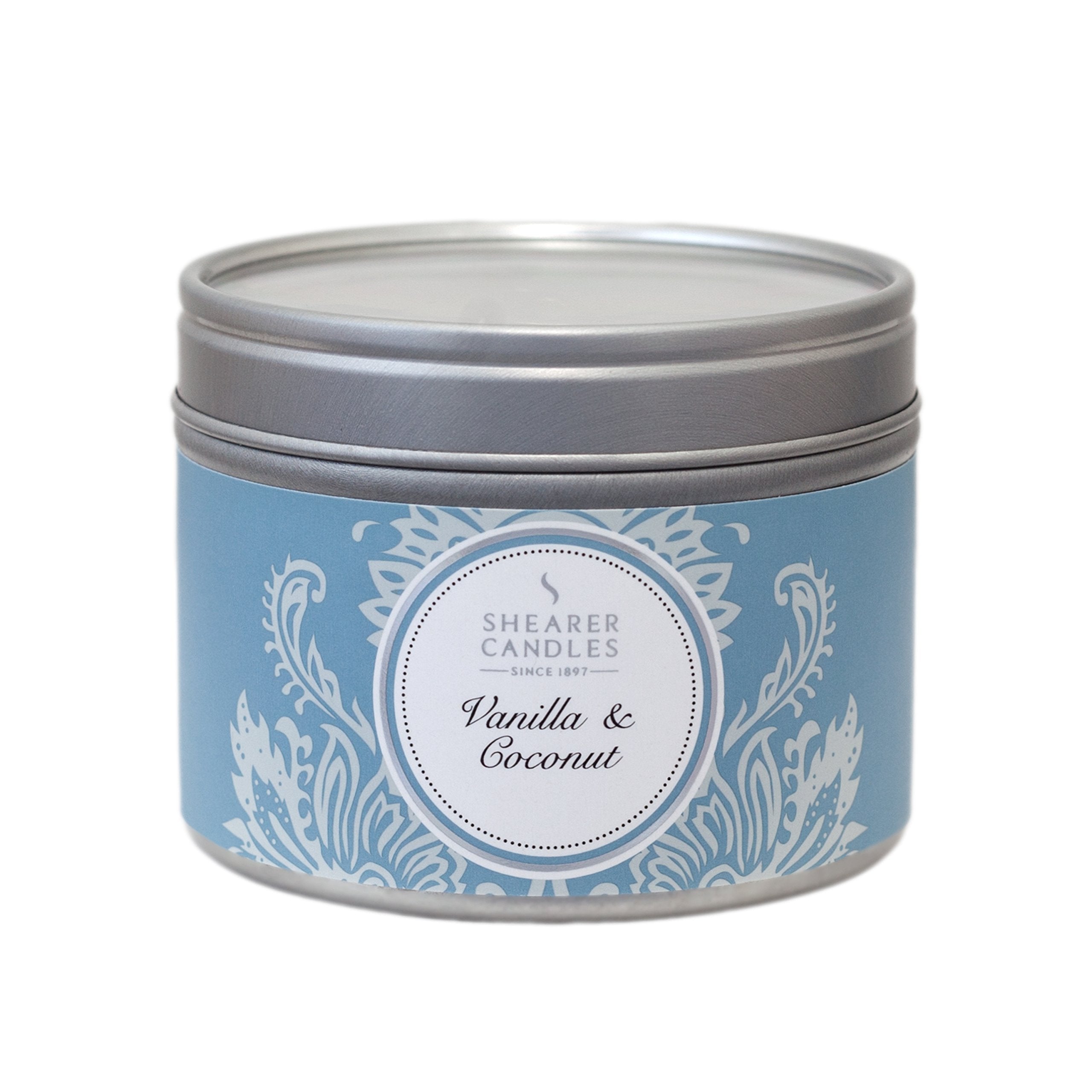 Shearer Candles Vanilla and Coconut Small Scented Silver Tin Candle - White