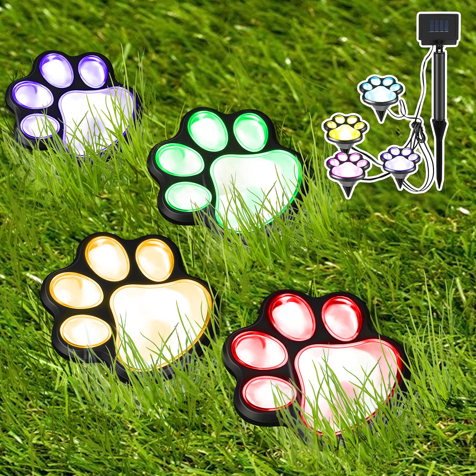 Outdoor LED Paw Solar Decor Lamp (Set of 4) Solar Dog Cat Animal Paw Print Lights for Patio, Yard, Walkway, Garden, Path, Lawn, Yard Lighting, Any Pet Dog Cat Lover (Colorful)