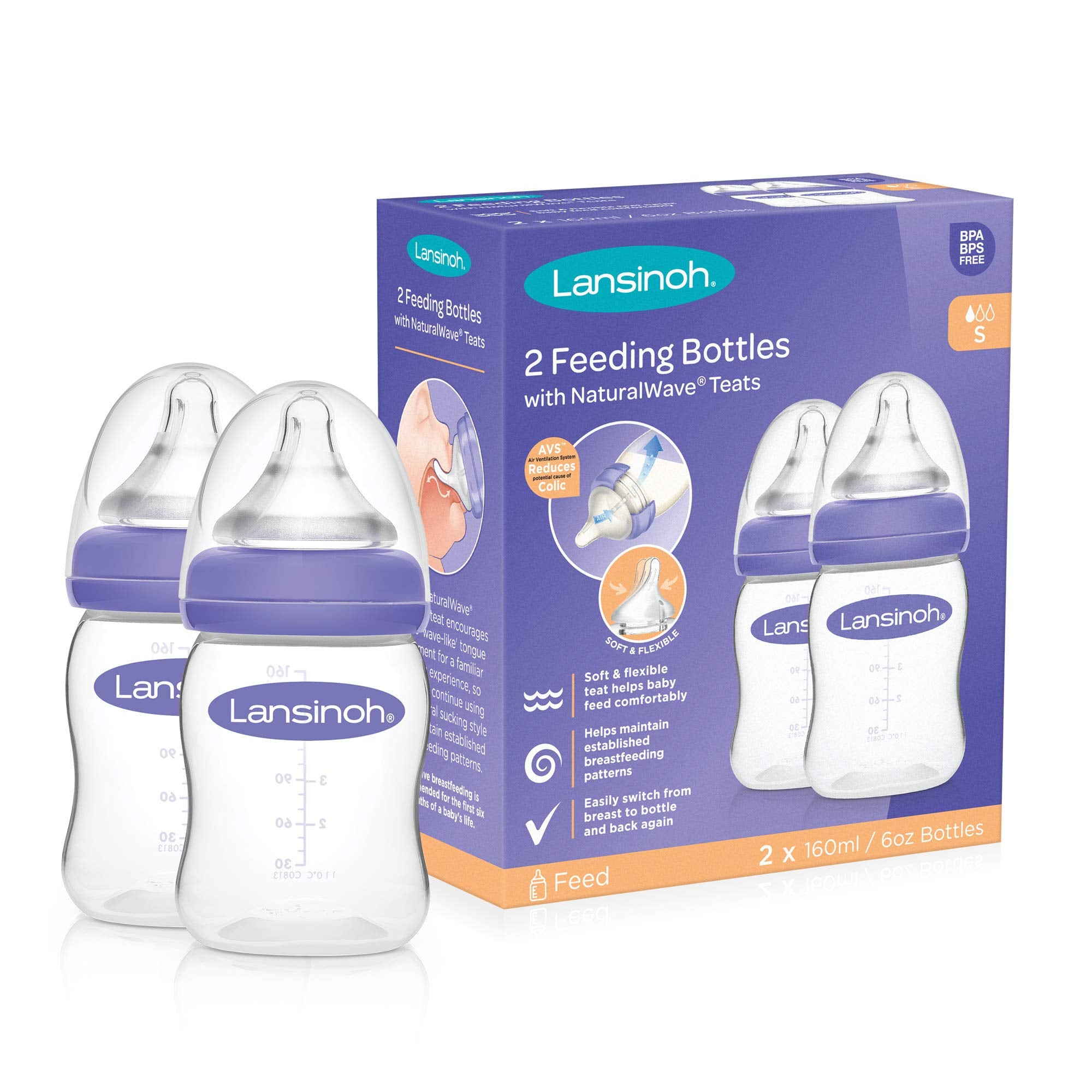 Lansinoh Momma Small Breast Feeding Bottle Set with NaturalWave Slow Flow Teat 2 x 160ml, 2 Count (Pack of 1)